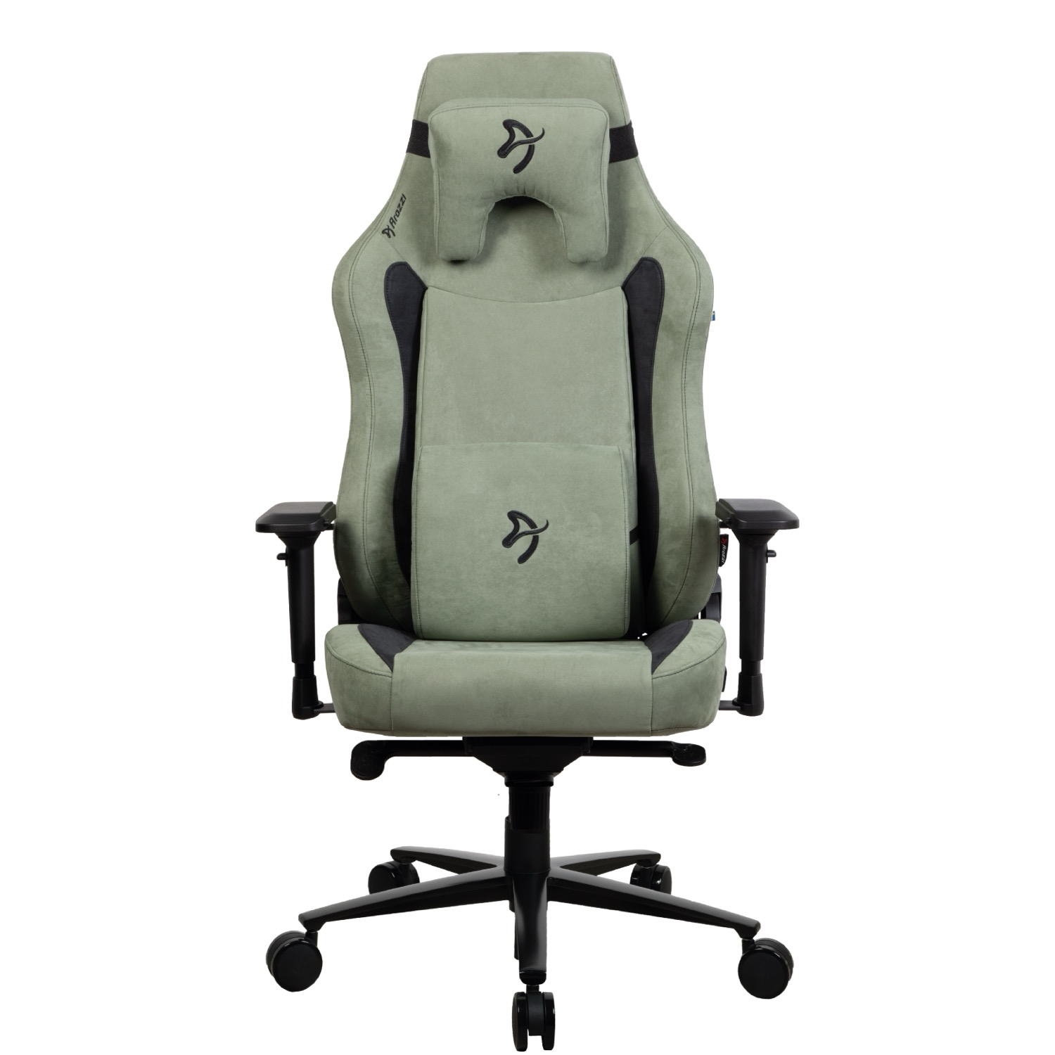 Een groene gamestoel met zwarte accenten en hoofdsteun, met logo op de rug.