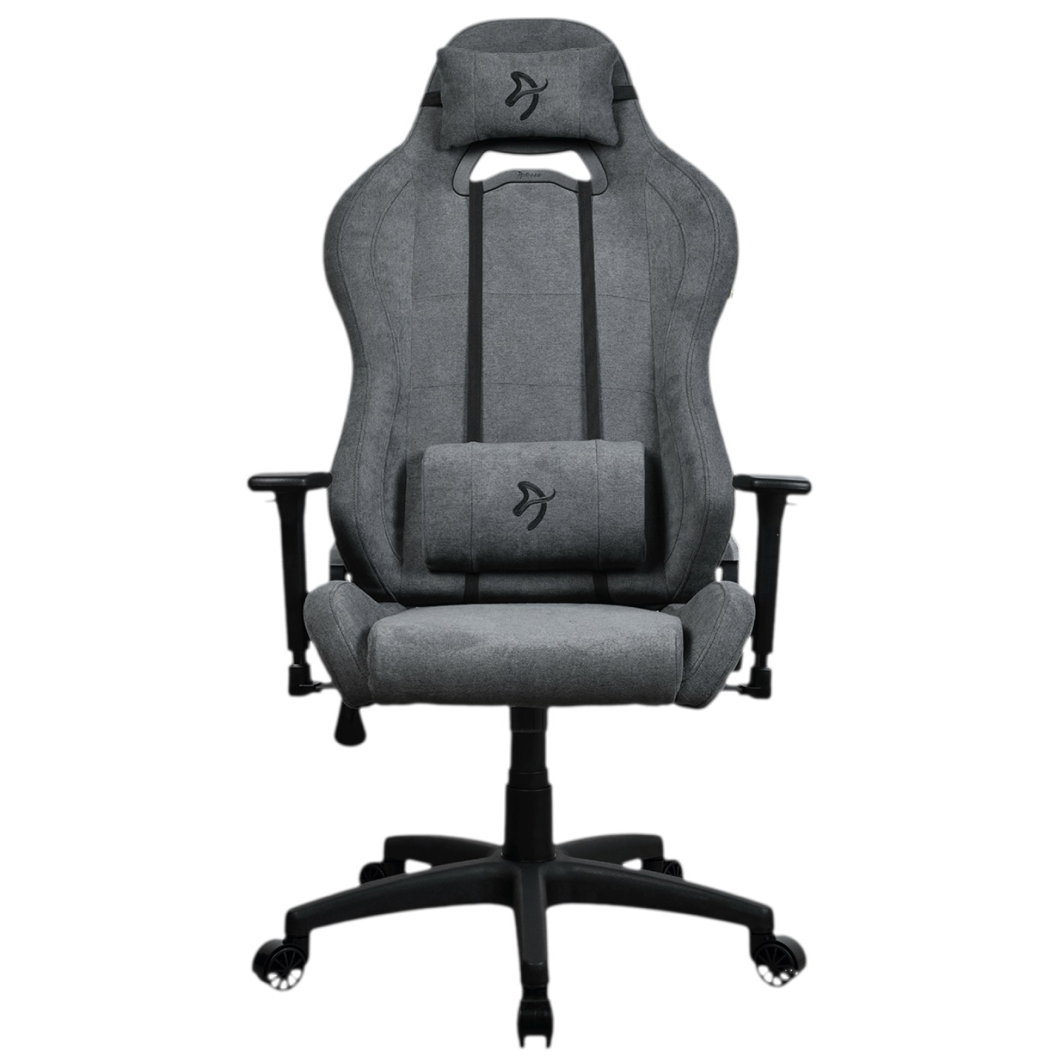 Sedia da gaming grigia con accenti neri e logo su poggiatesta e cuscino.