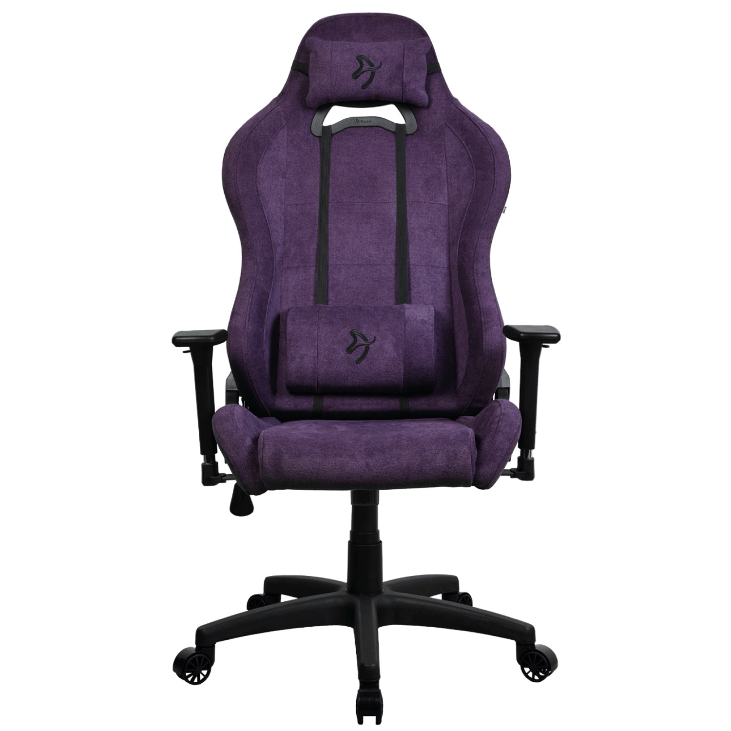 Ein violetter Gaming-Stuhl mit Kopfstütze und Lendenkissen.
