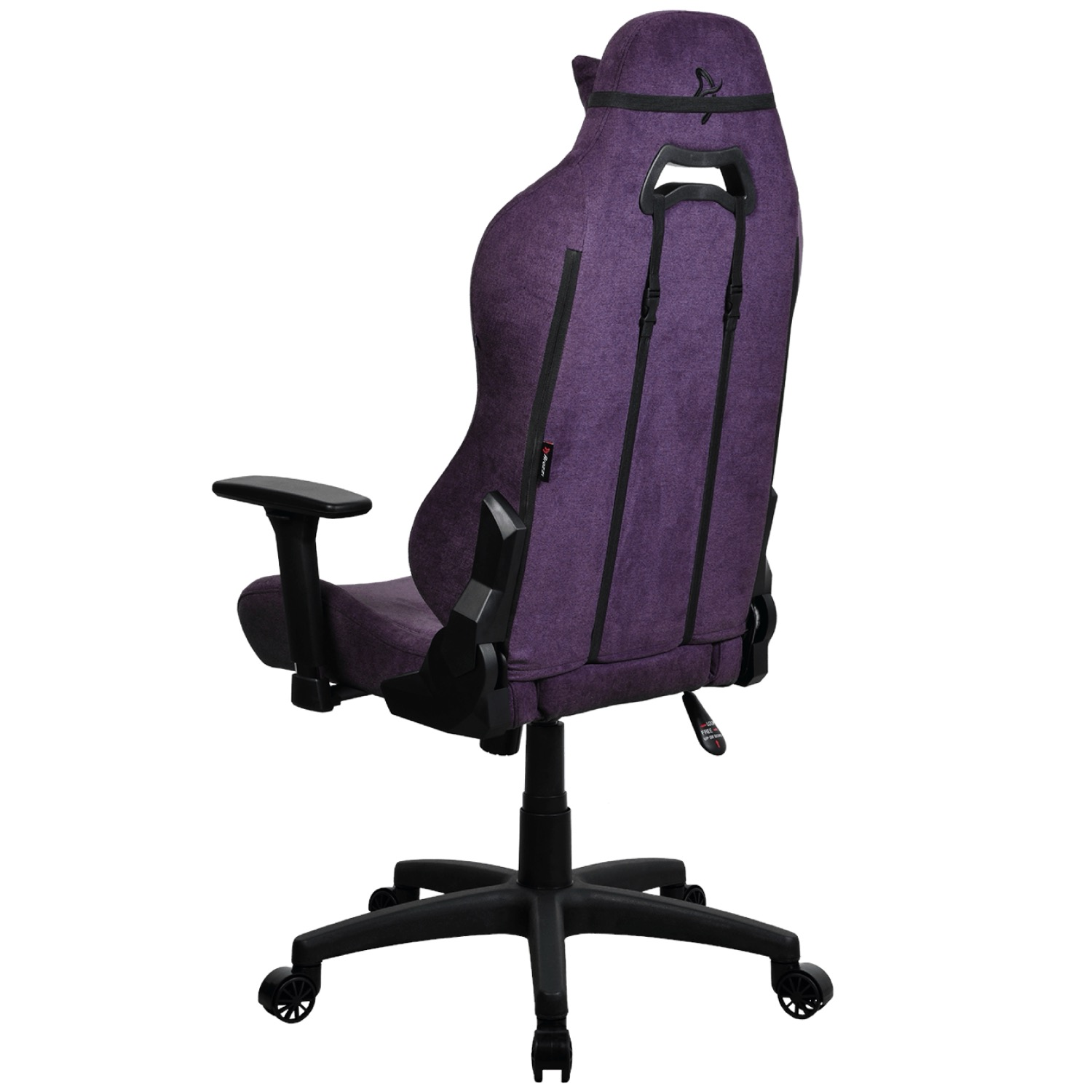 Lila Gaming-Stuhl mit schwarzen Armlehnen und Rädern, von hinten gesehen.