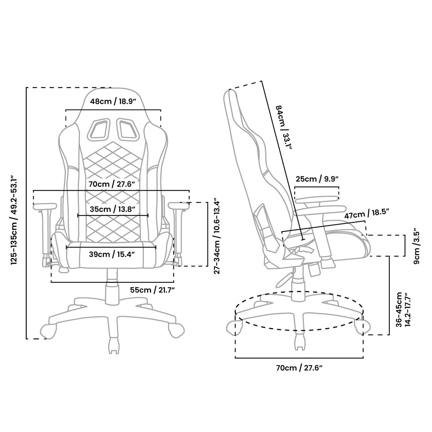 Technische tekening van een gamestoel met afmetingen in cm en inches.