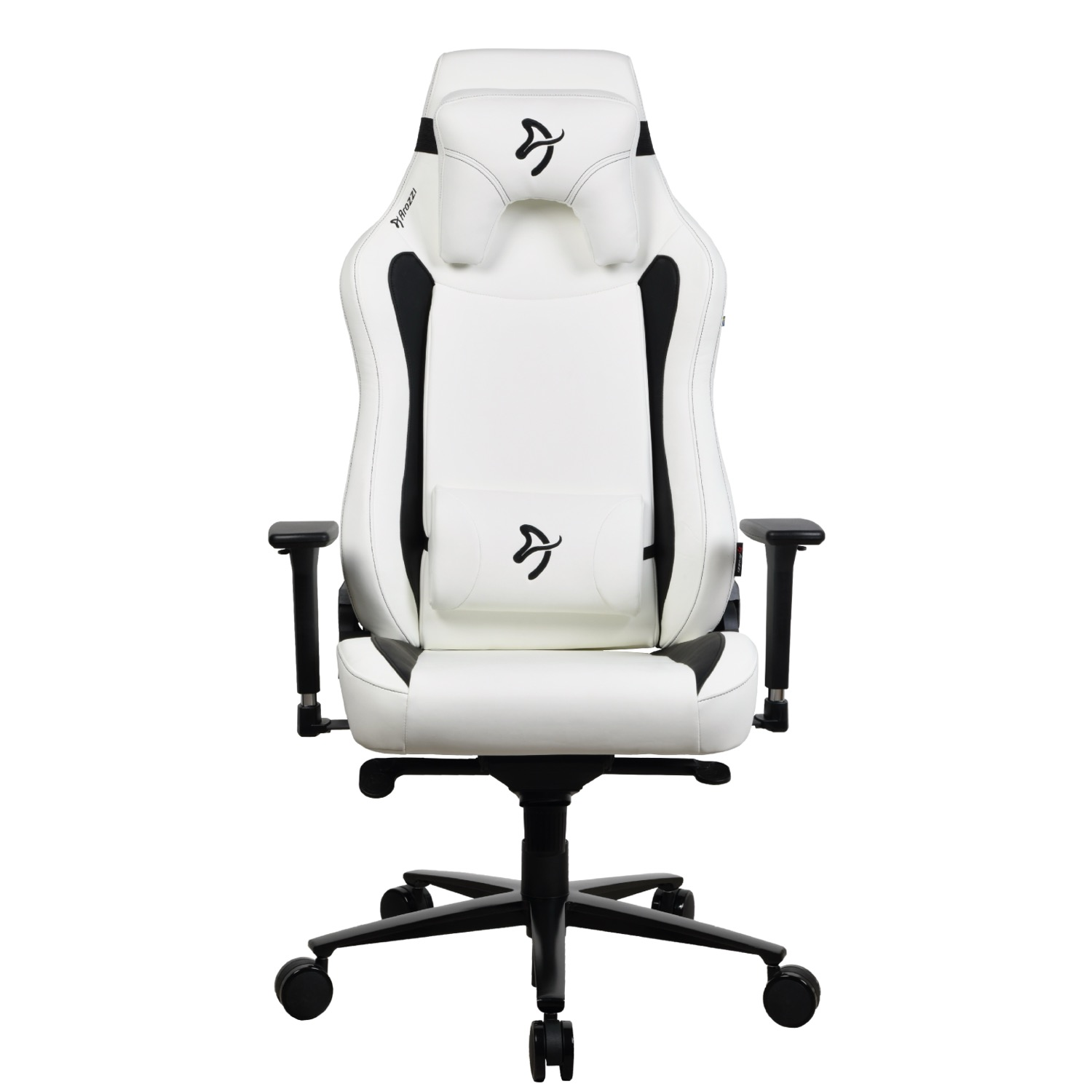 Een witte gamestoel met zwarte accenten en een logo op de hoofdsteun en lendenkussen.