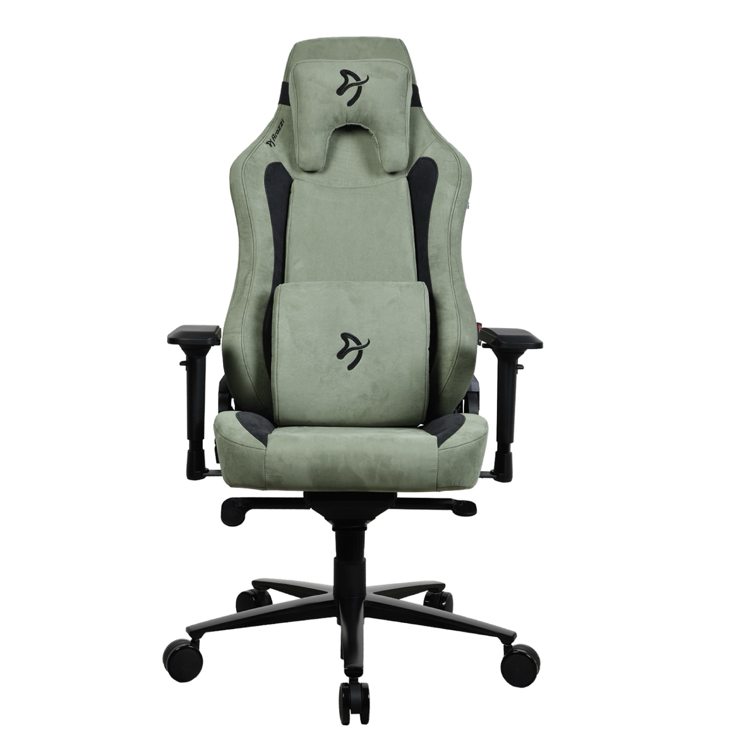 Een groene gamestoel met hoofdsteun en lendenkussen, zwarte voet.
