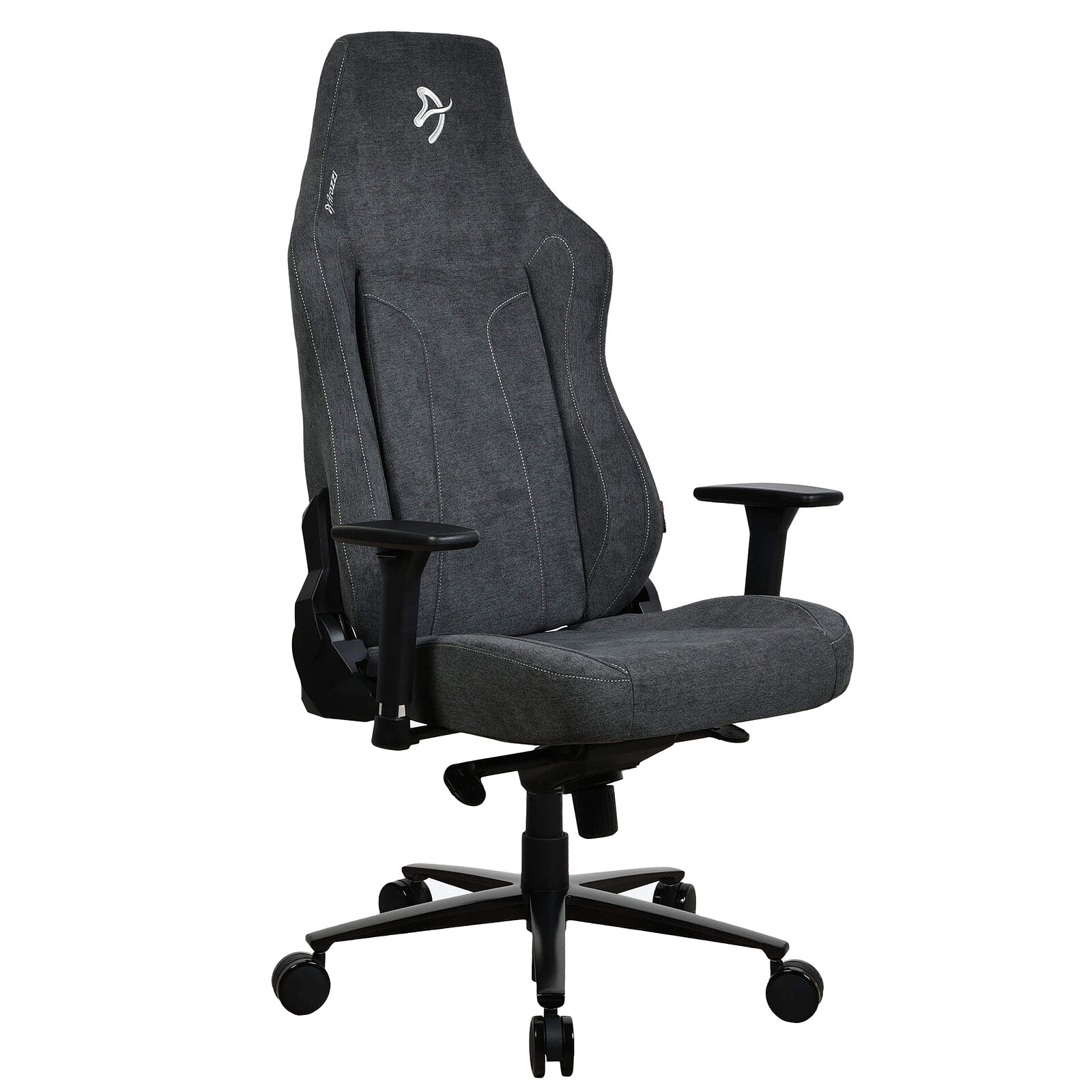 Een donkergrijze gamestoel met witte stiksels en logo.
