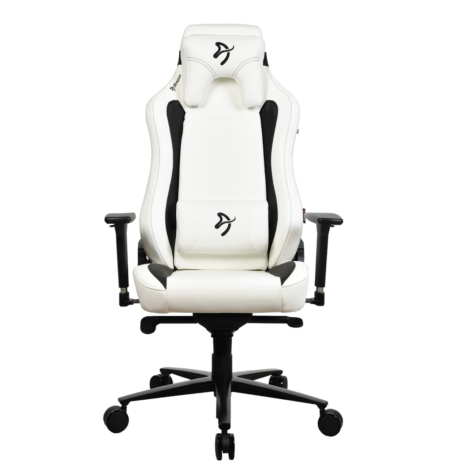 Een witte gamestoel met zwarte accenten en wielen.