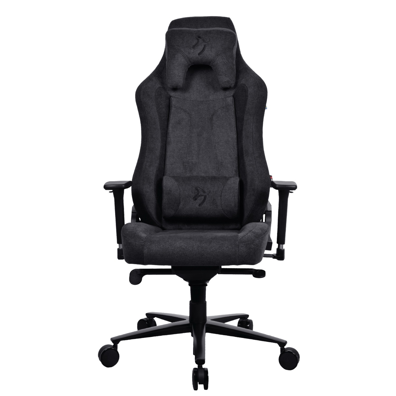 Een donkere, gestoffeerde gamestoel met hoofdsteun en lendekussen.