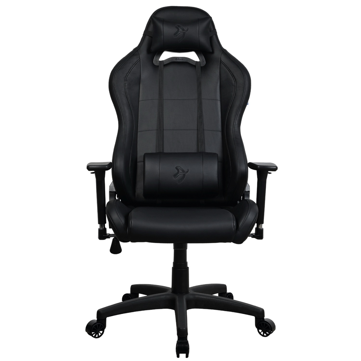 Ein schwarzer Gaming-Stuhl mit Kopfstütze und Lendenkissen.