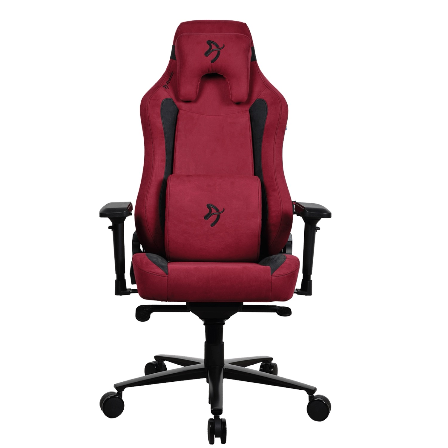 Rode gamestoel met zwart frame, hoofdsteun en lendekussen.