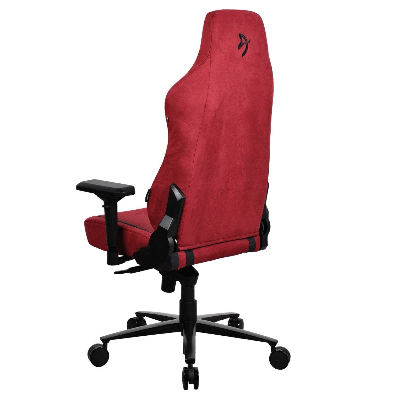 Rode gamestoel met zwarte voet en armleuningen, logo op de rug.