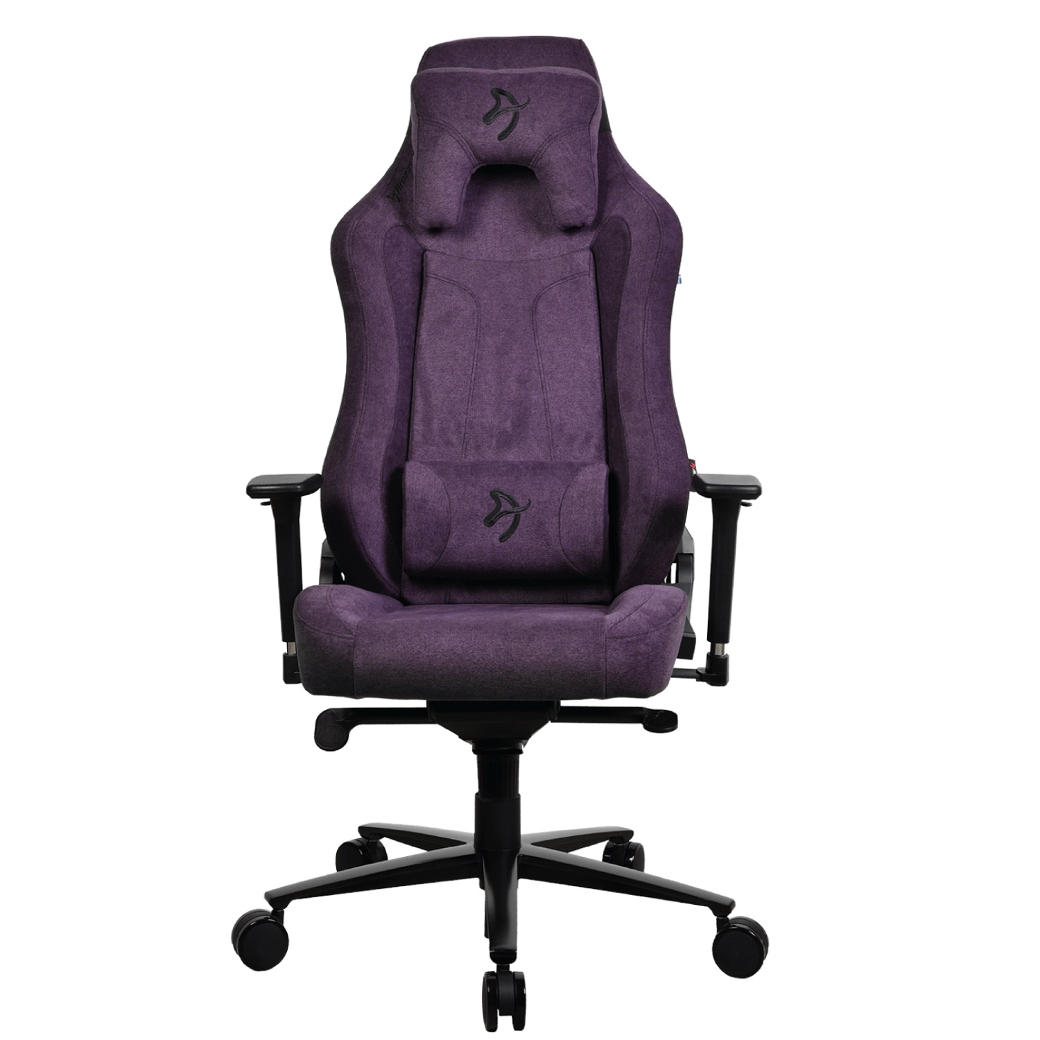 Sedia da gaming viola con poggiatesta e cuscino lombare, su base rotante nera.