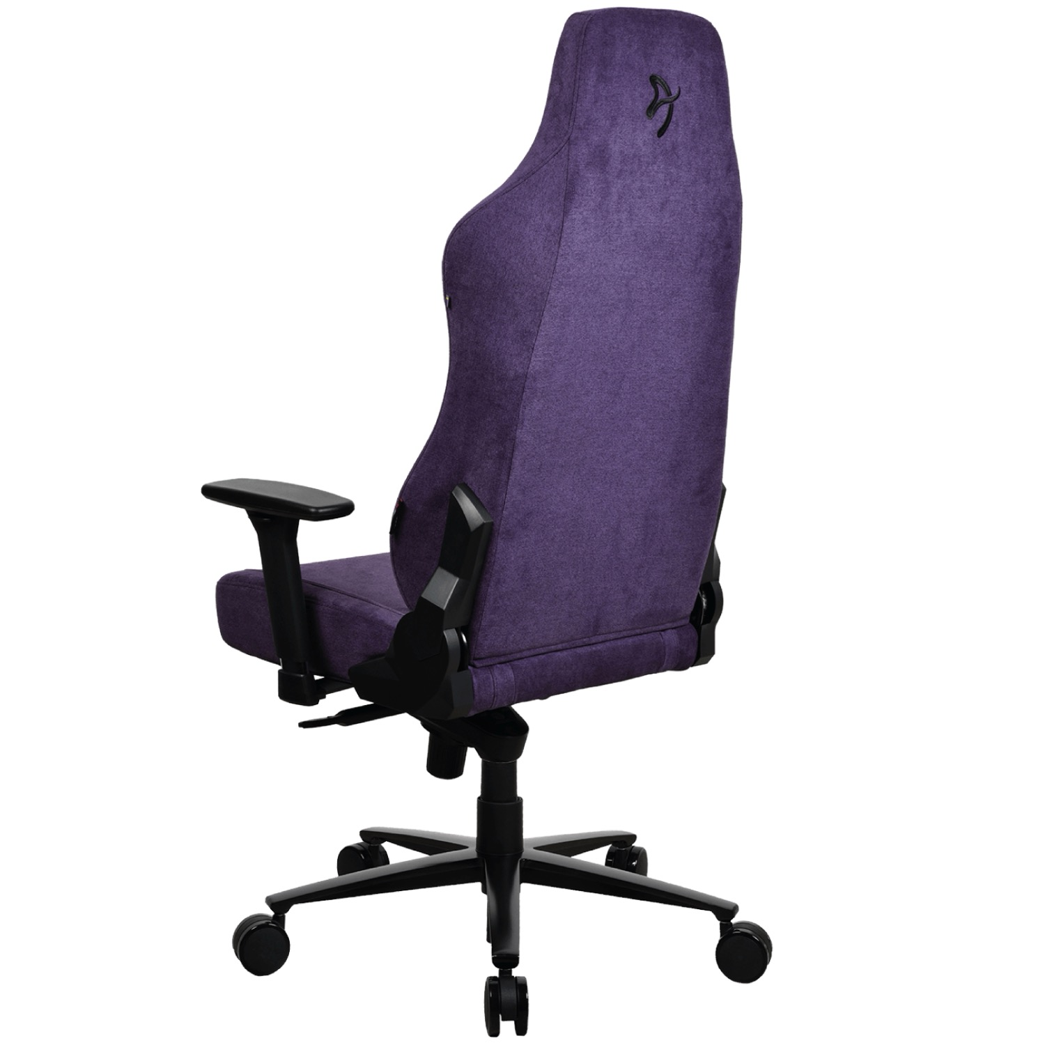 Sedia da ufficio viola con base e braccioli neri, vista di lato.