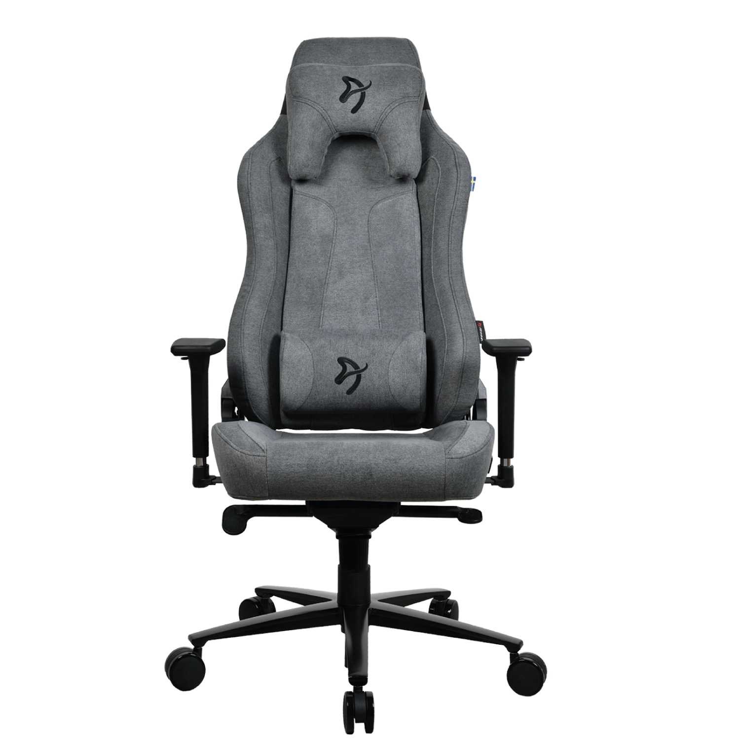 Sedia da gaming grigia con poggiatesta e cuscino lombare, logo nero.