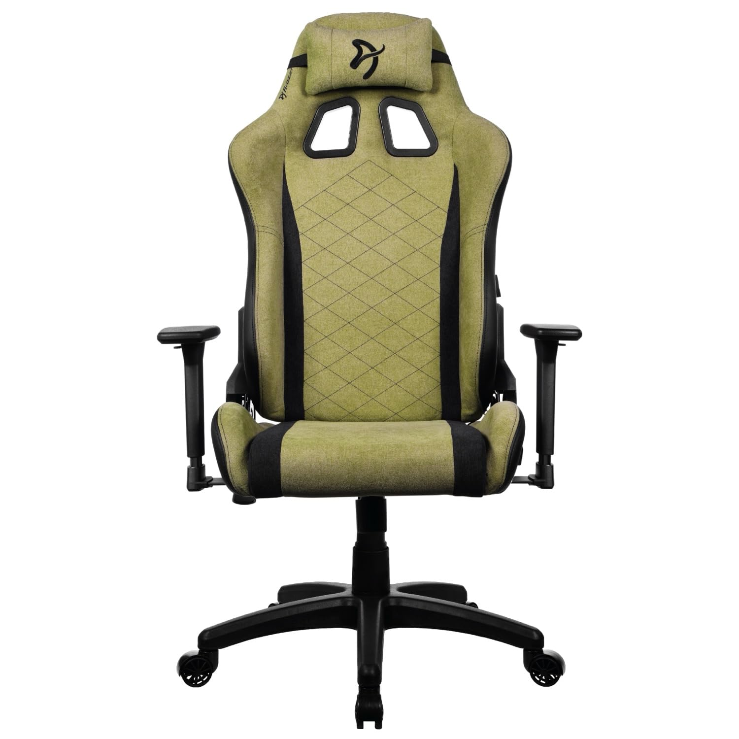 Een groene gamestoel met een zwarte voet en wielen.