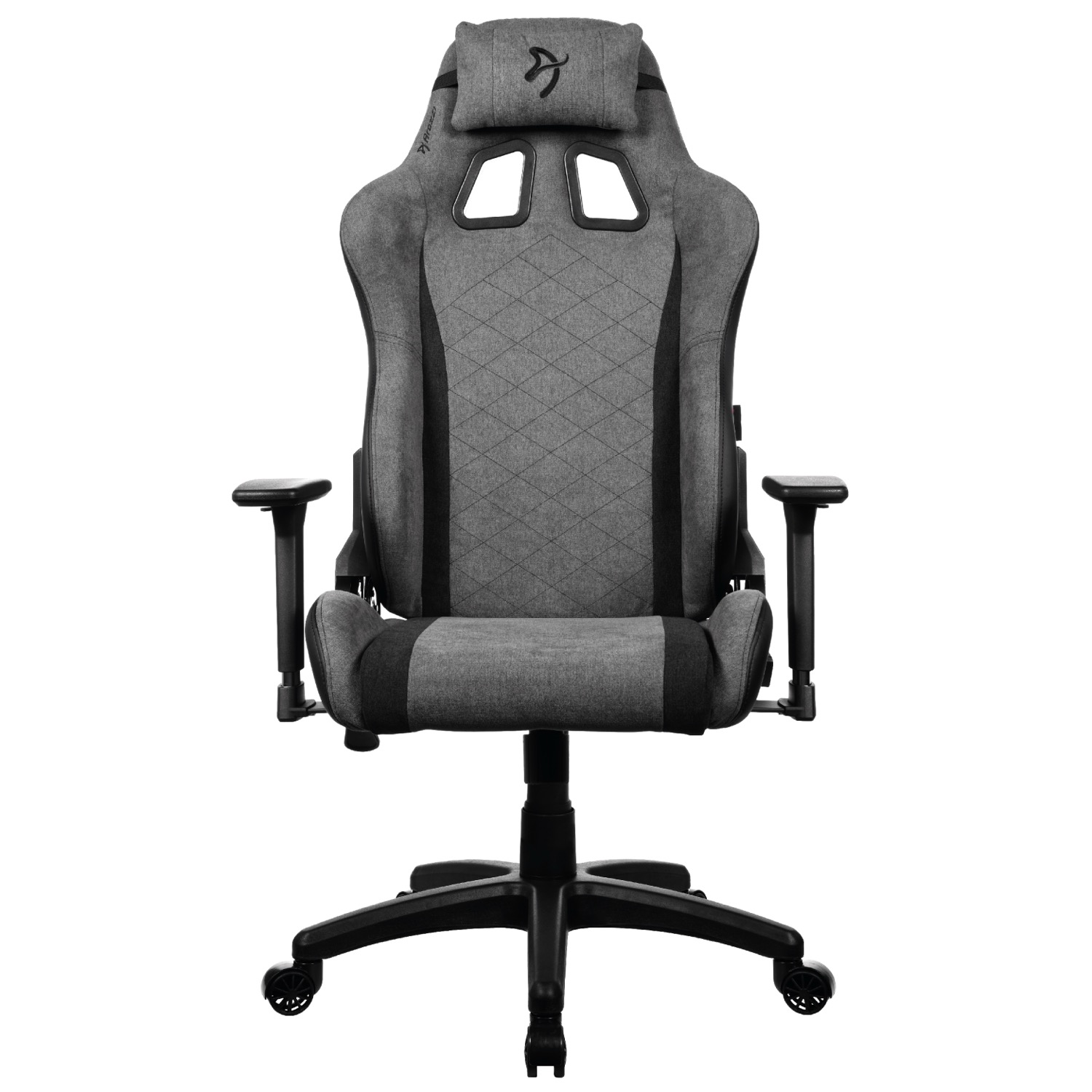 Een grijze gamestoel met een zwarte voet en wielen.