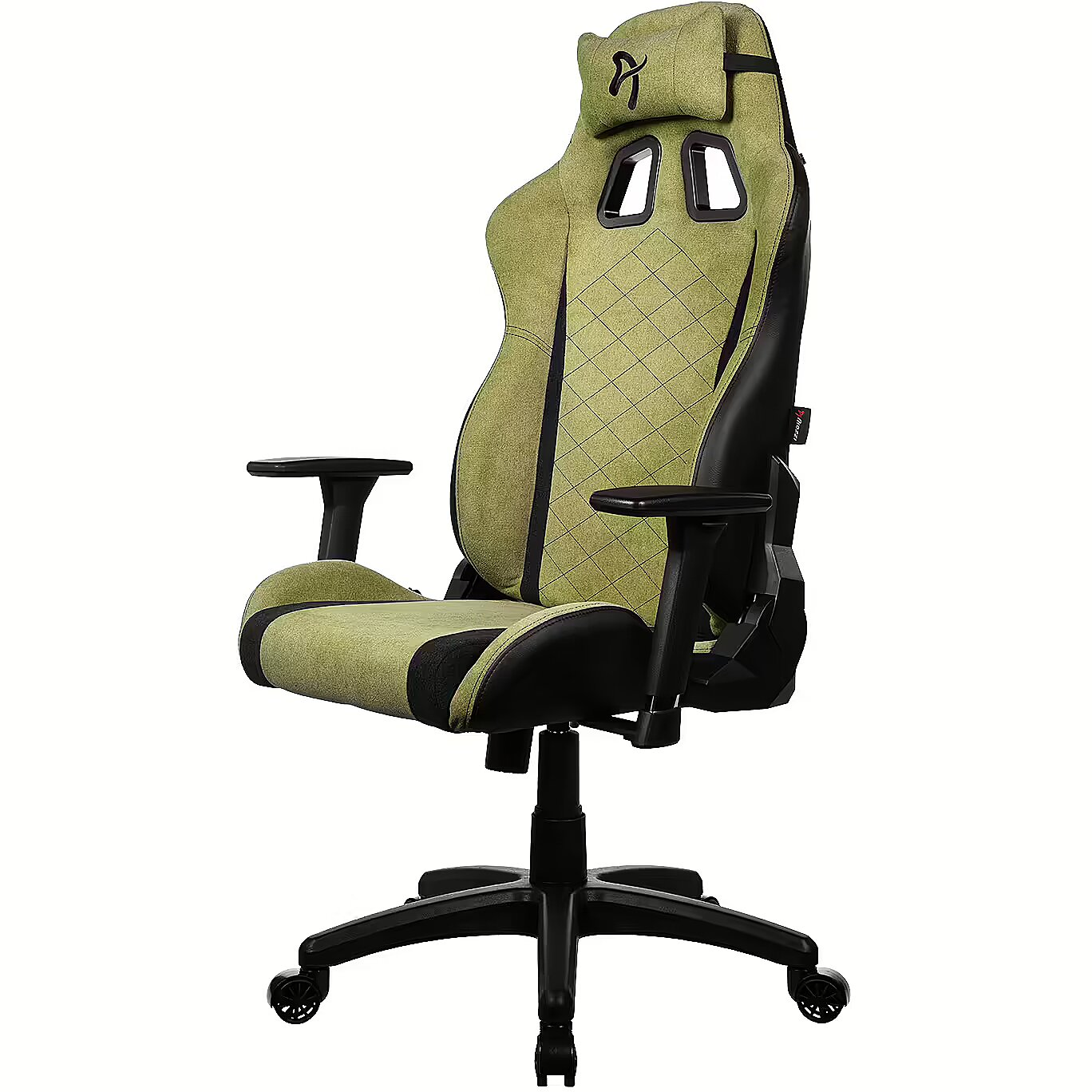 Een groene gamestoel met zwarte accenten en hoofdsteun, op witte achtergrond.