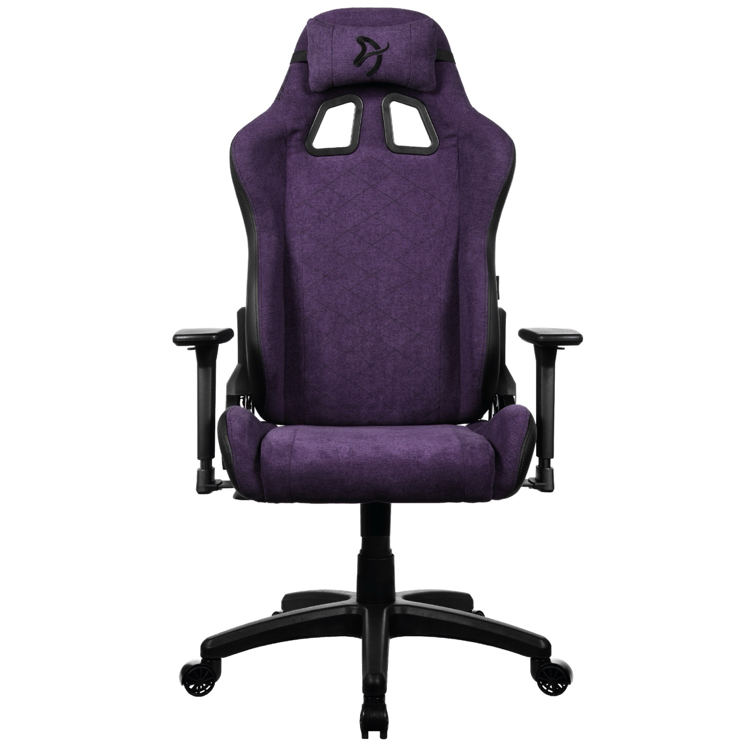 Paarse gamestoel met zwarte voet en wielen.