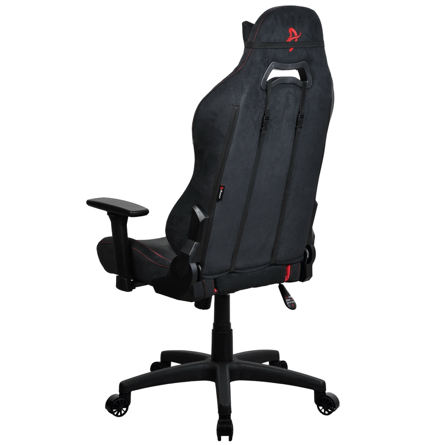 Zwarte gamestoel met rode stiksels en een rood logo op de hoofdsteun.