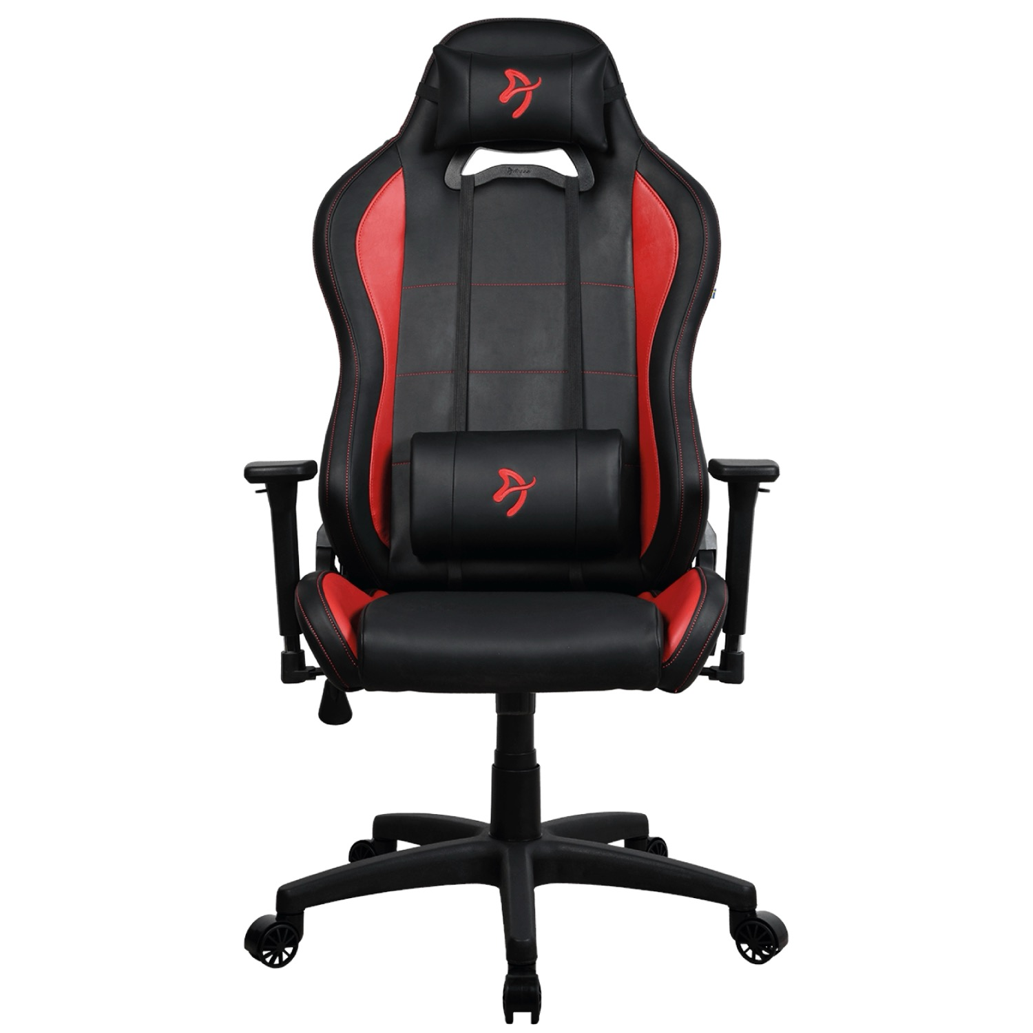 Schwarzer Gaming-Stuhl mit roten Akzenten und Logo.