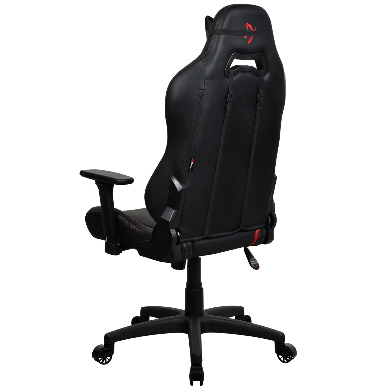 Schwarzer Gaming-Stuhl mit roten Nähten, von hinten gesehen, mit Rollen.
