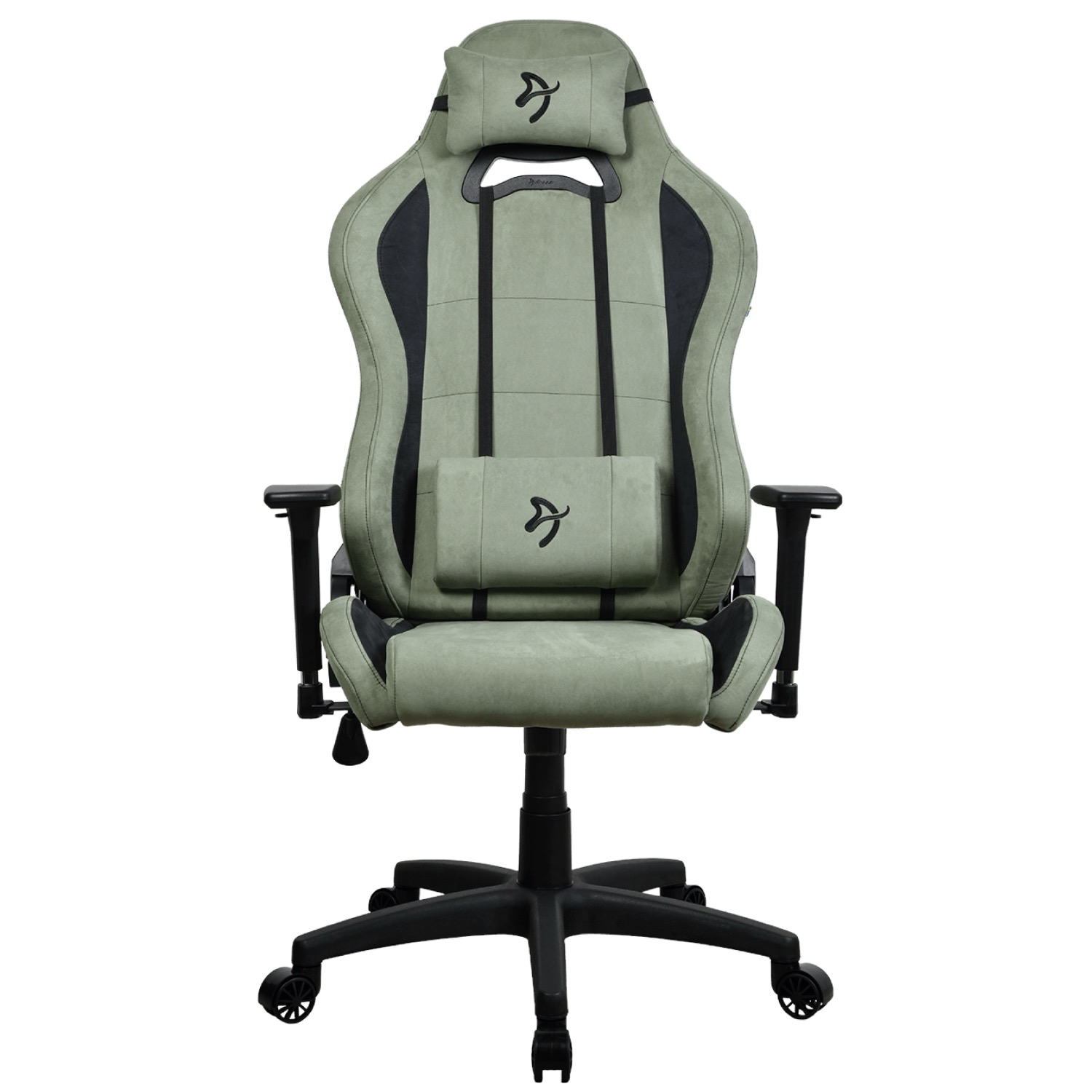 Grijze gamestoel met zwart logo op hoofdsteun en kussen.