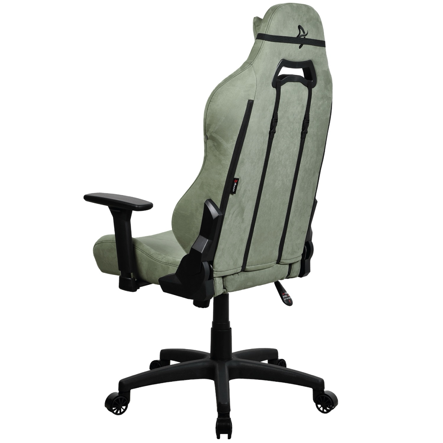 Groene gamestoel met zwarte voet en wielen, van achteren gezien.
