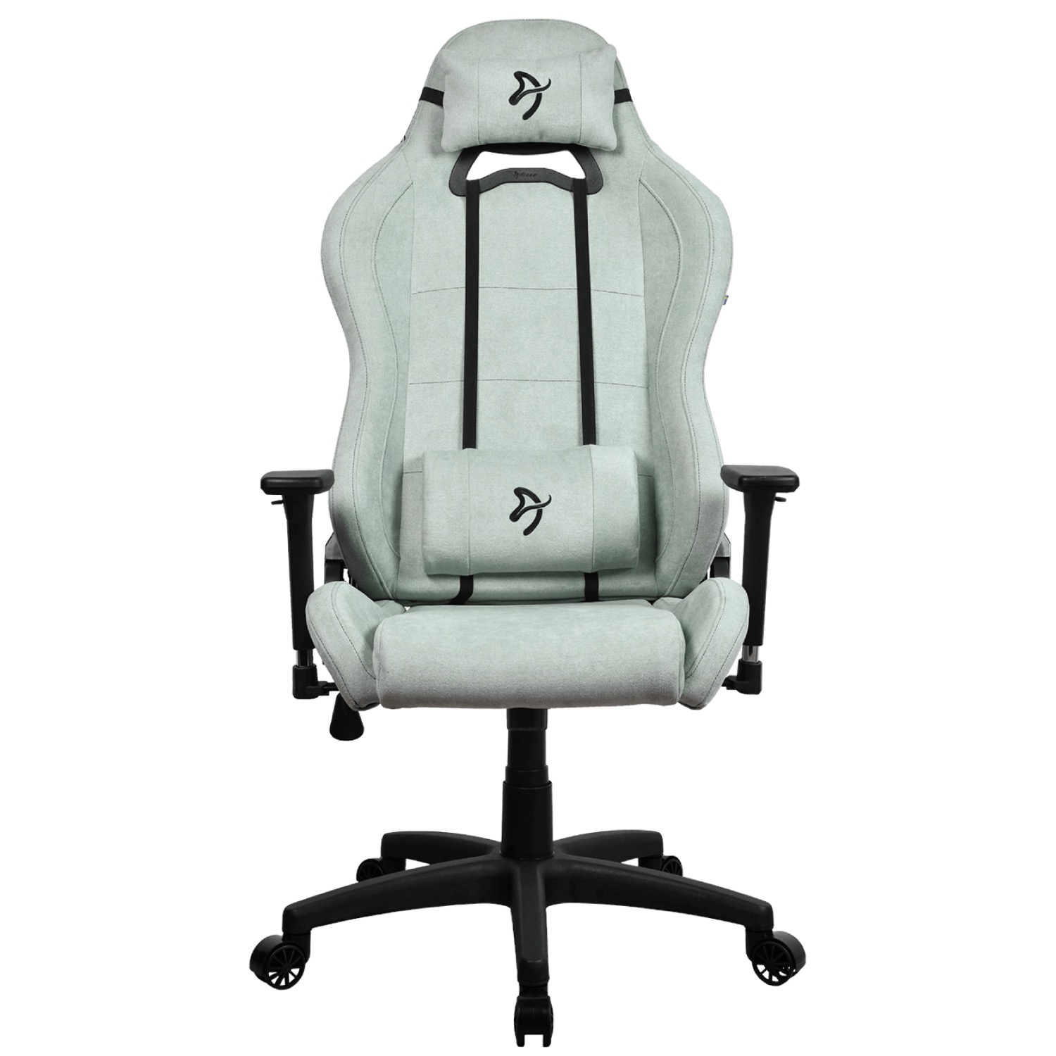 Ein hellgrüner Gaming-Stuhl mit Kopfstütze und Lendenkissen mit Logo.