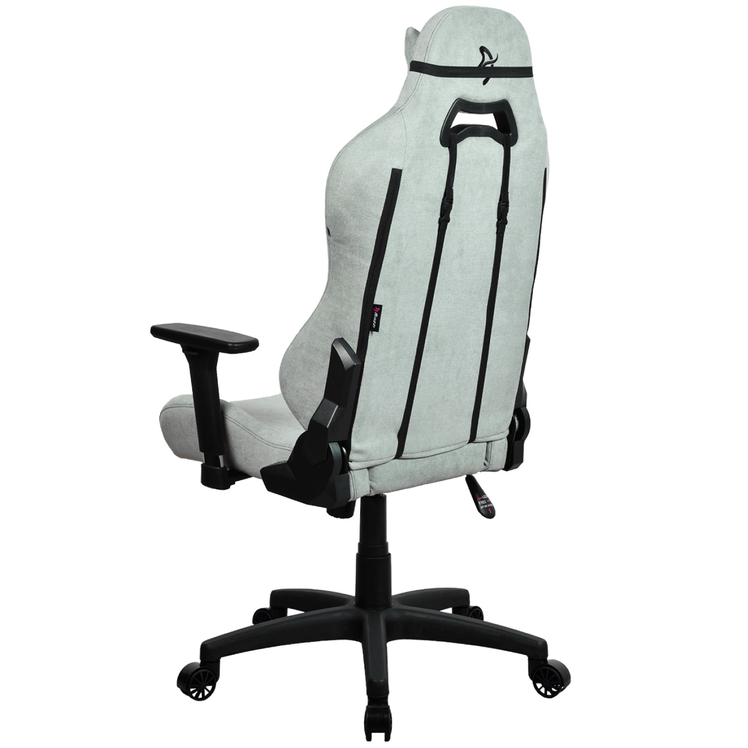 Grauer Gaming-Stuhl von hinten mit schwarzen Akzenten und Rädern.