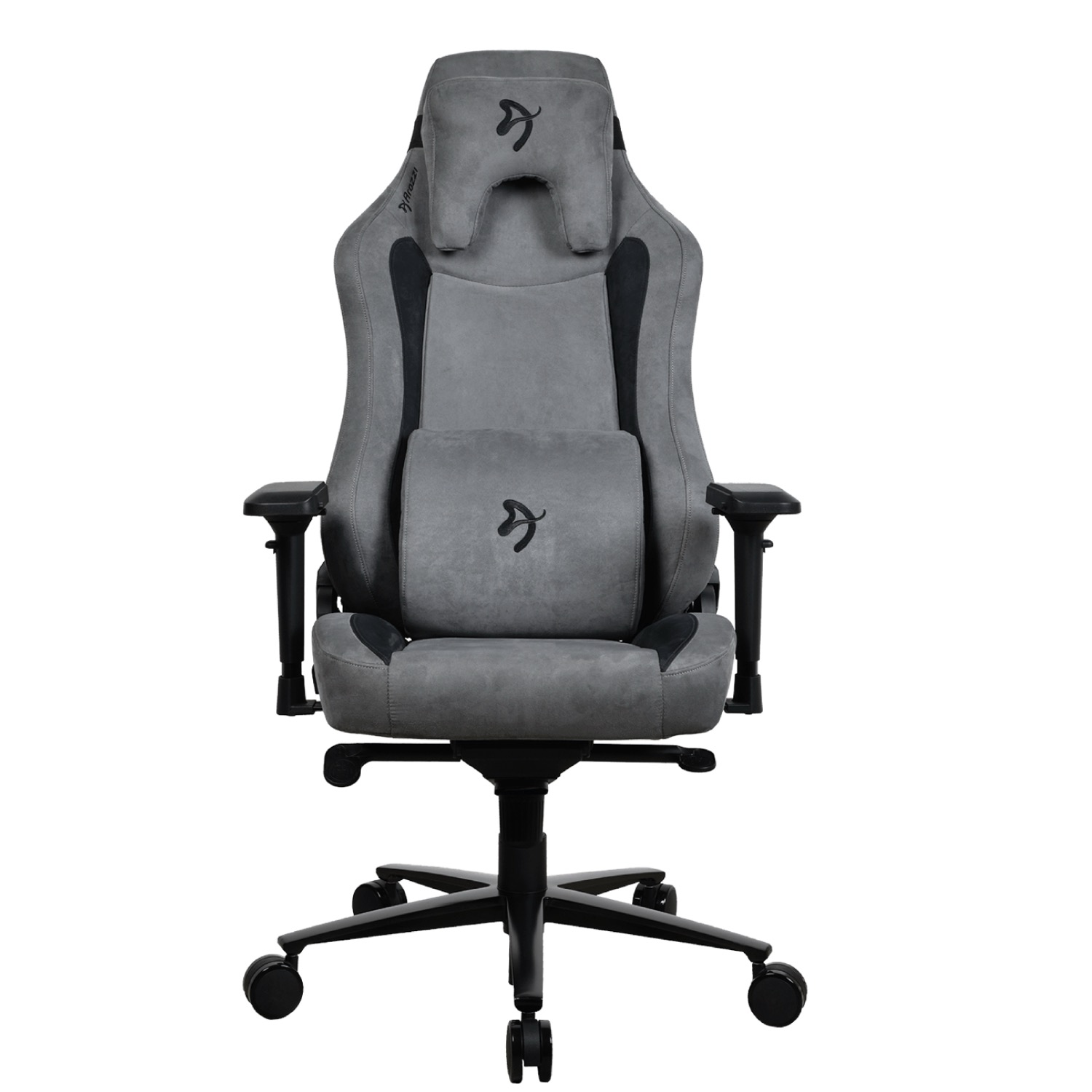 Grauer Gamingstuhl mit schwarzen Akzenten und Kopfstütze.