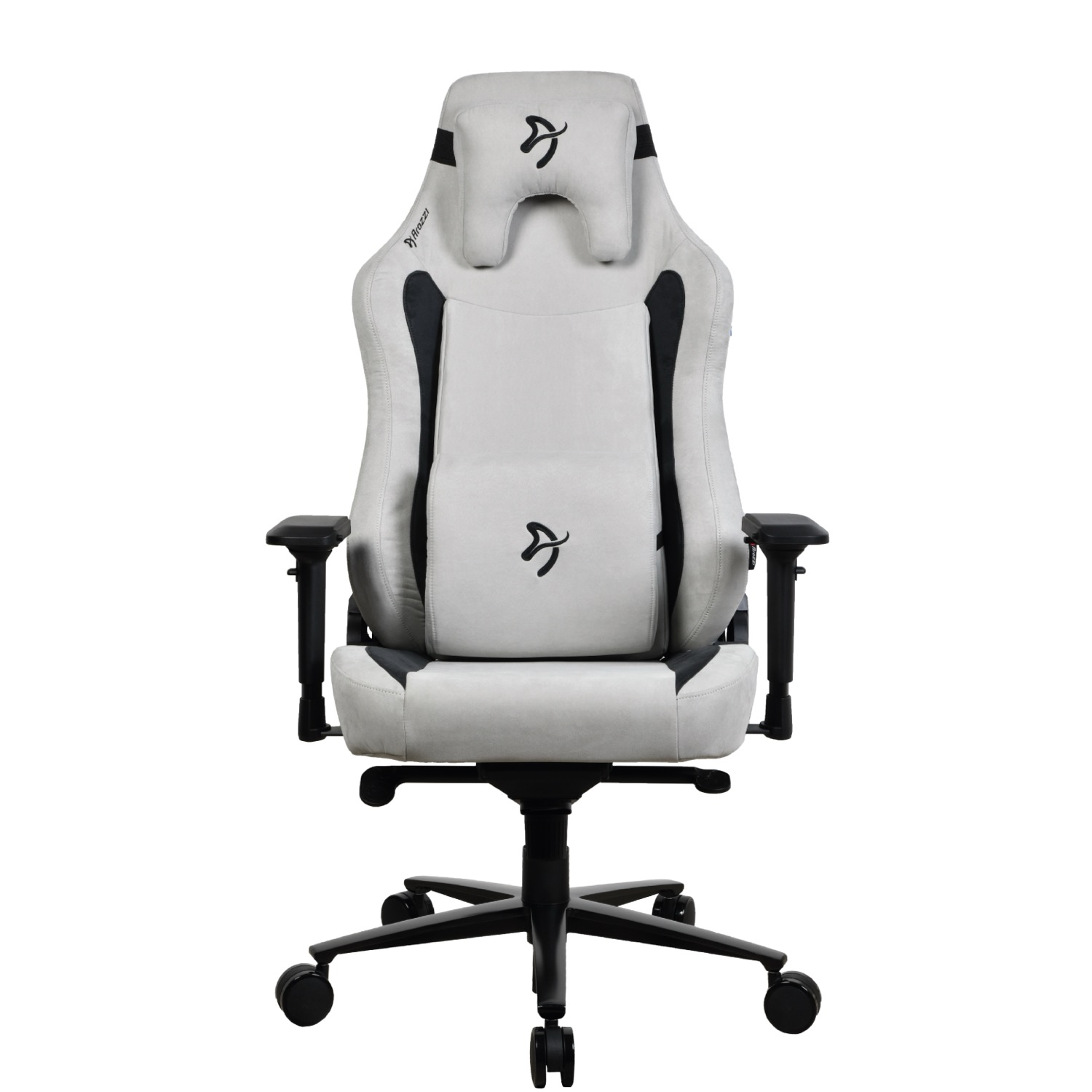 Ein weißer Gaming-Stuhl mit schwarzen Akzenten und einem Logo.