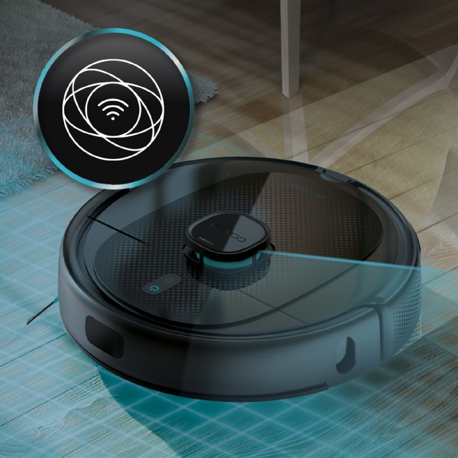 Un robot aspirador negro con símbolo Wi-Fi sobre suelo de madera.