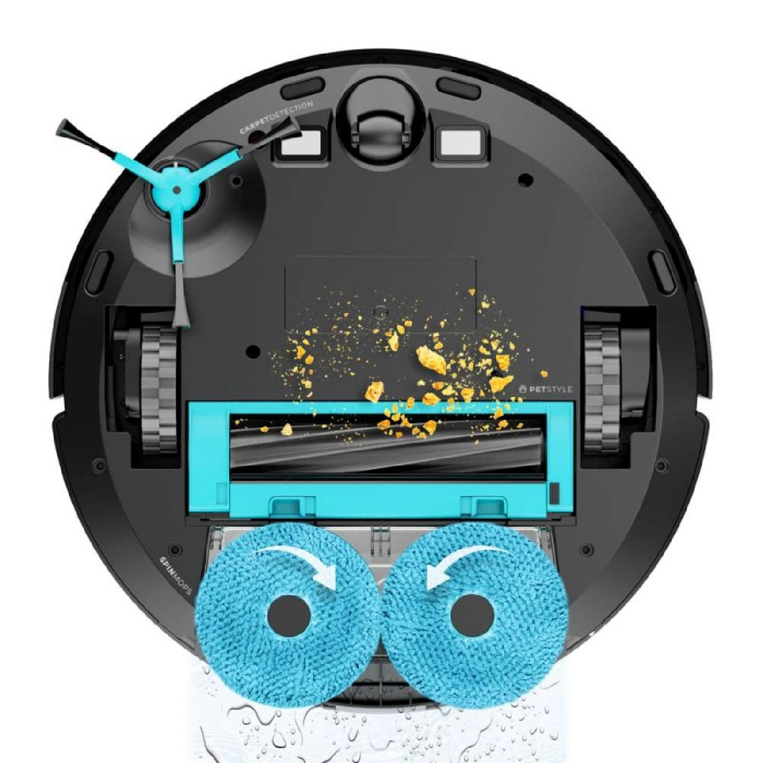 Parte inferior de un robot aspirador con cepillos, ruedas, mopas y suciedad.