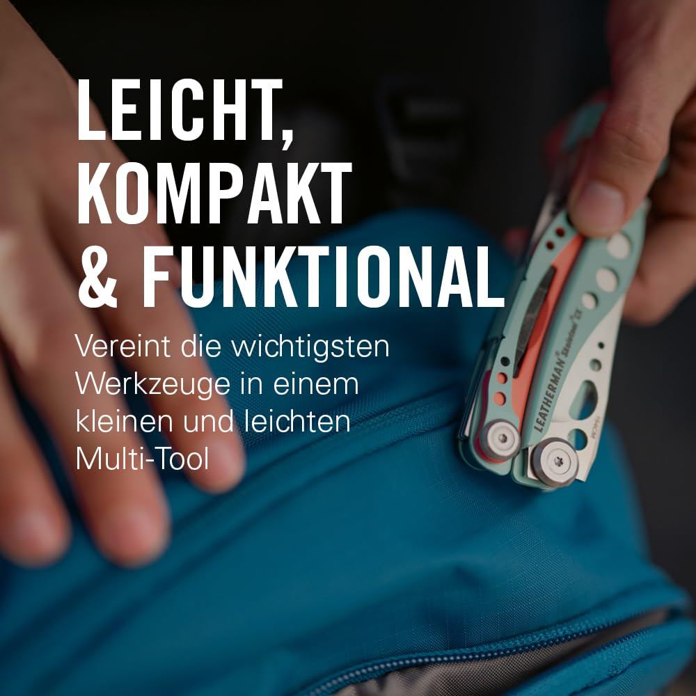 Leichtes, kompaktes Multi-Tool mit Werkzeugen auf blauem Rucksack.