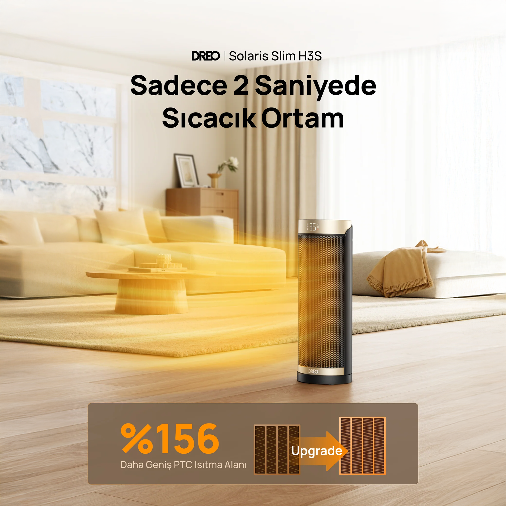 Altın süslemeli siyah ısıtıcı, turuncu ışıkla salonu ısıtıyor.
