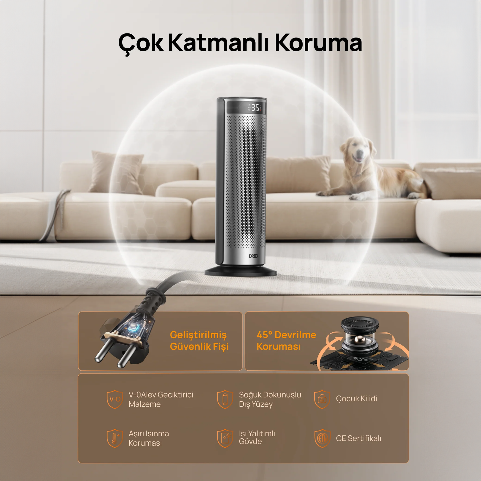 Modern bir ısıtıcı, üzerinde yatan bir köpeğin bulunduğu kanepenin önündeki halıda duruyor.