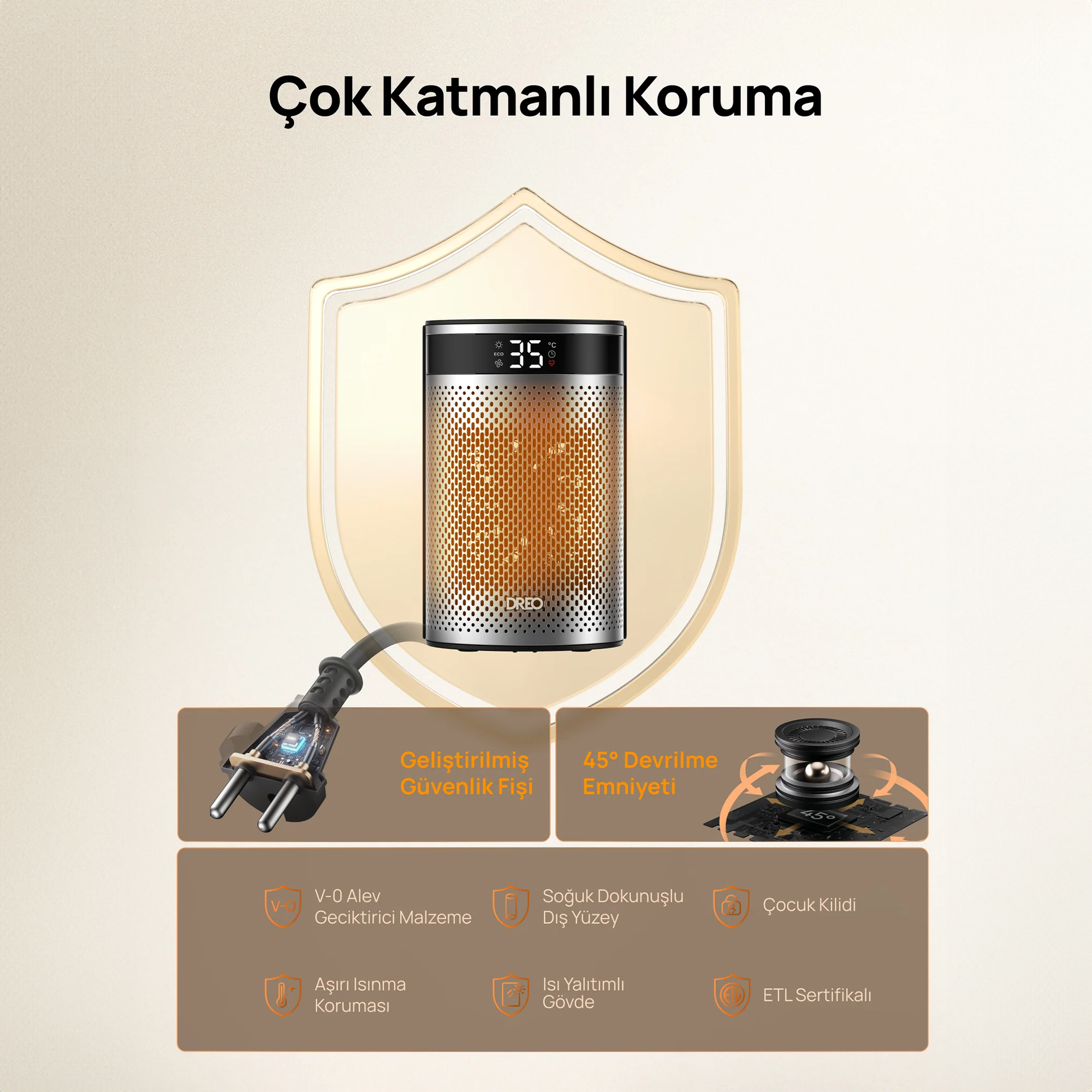 Gümüş renkli, turuncu ön yüzlü ve dijital ekranlı ısıtıcı, güvenlik özellikleriyle çevrili.