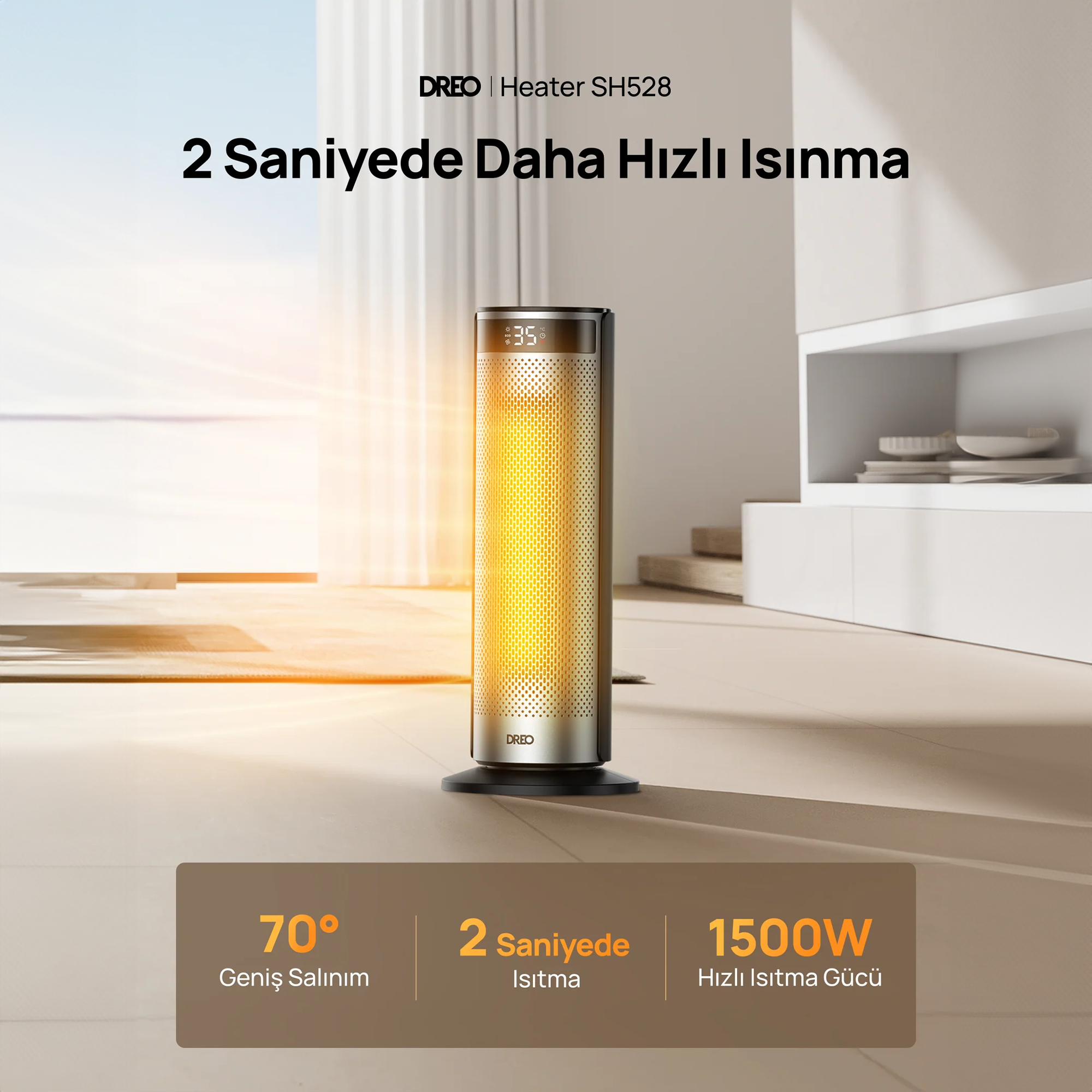 Dijital ekranlı ve yanan ısıtıcı elemanlı DREO kule tipi ısıtıcı.