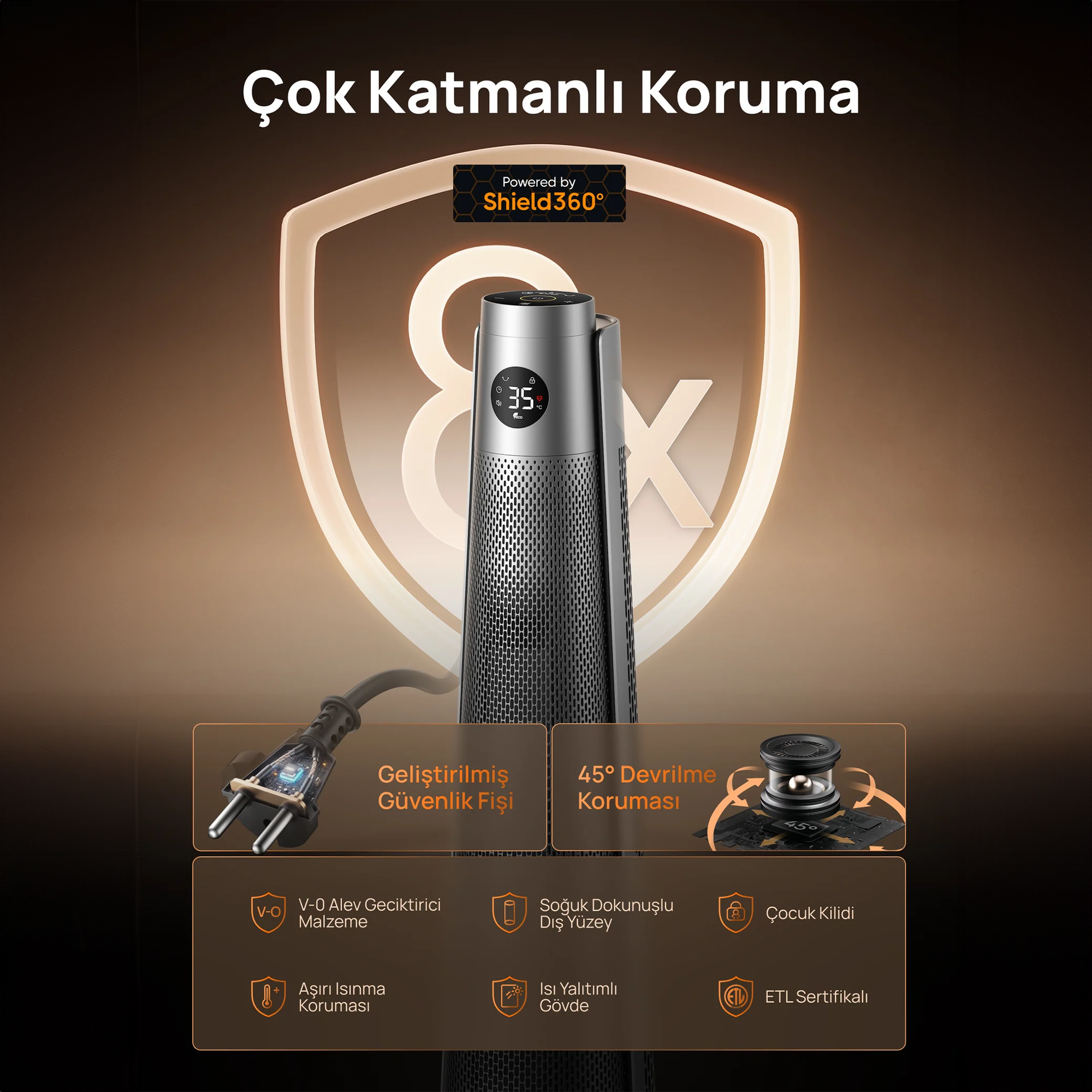 Dijital ekranlı ve güvenlik özellikli gümüş kule tipi vantilatör.
