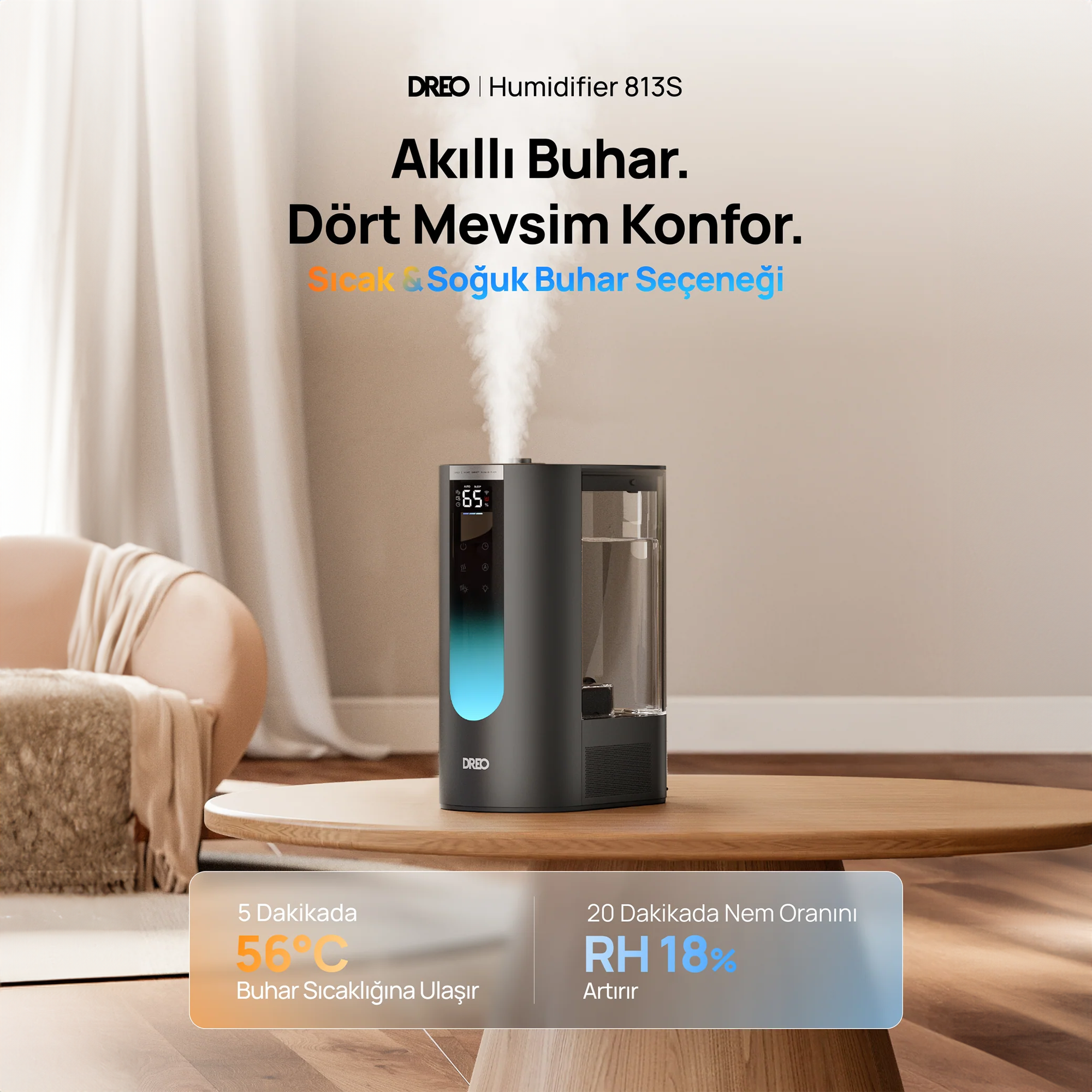 Siyah bir nemlendirici buhar çıkarıyor. Dijital ekran 65% gösteriyor. Metin sıcak/soğuk buhar seçeneklerini vurguluyor.