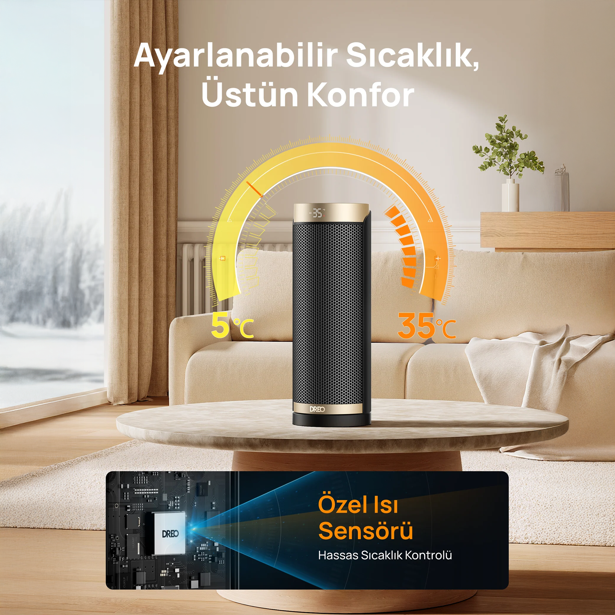 Altın çerçeveli siyah kule ısıtıcı masada duruyor. Sıcaklık ölçeği.