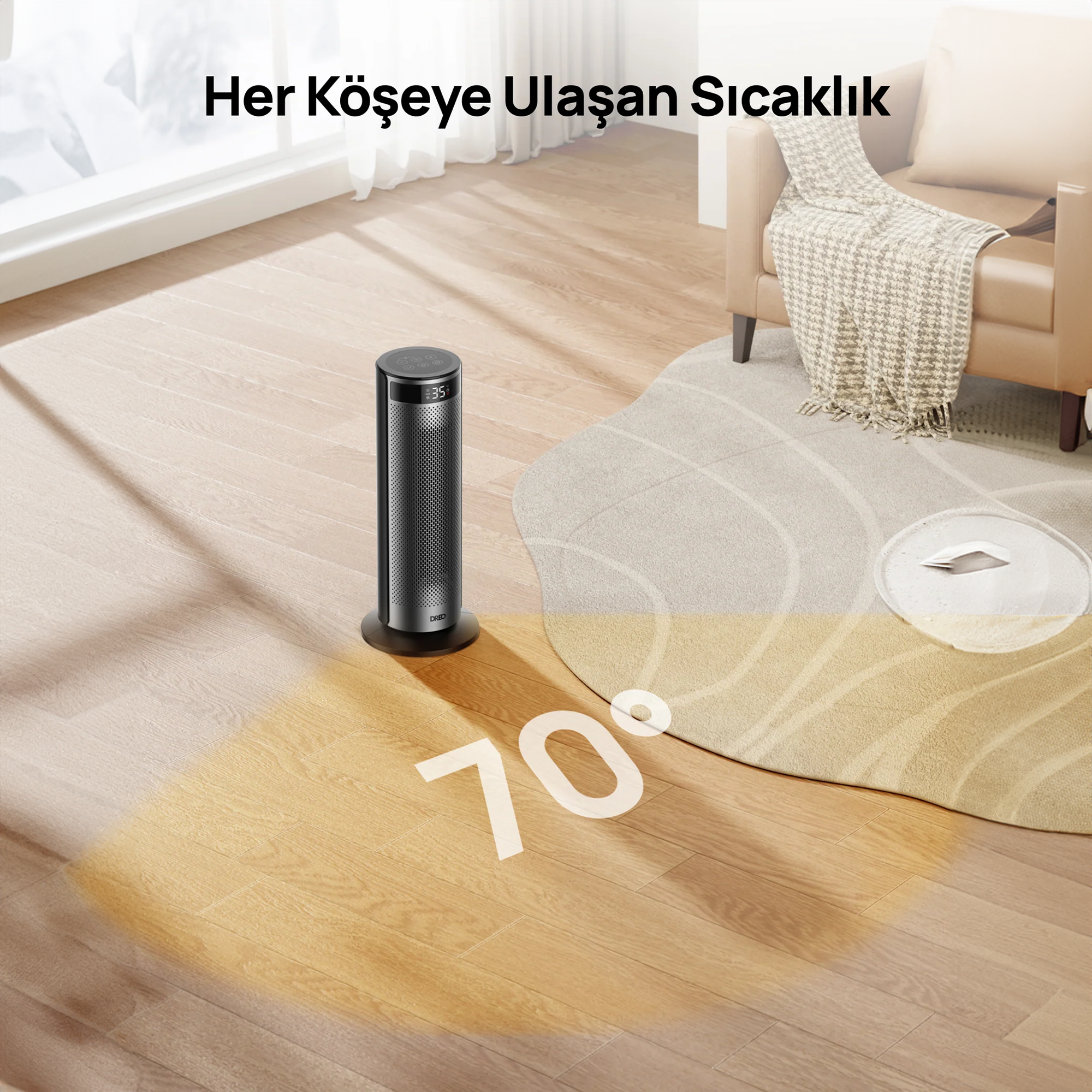 70° ısı yayan ahşap zeminde siyah kule tipi ısıtıcı.