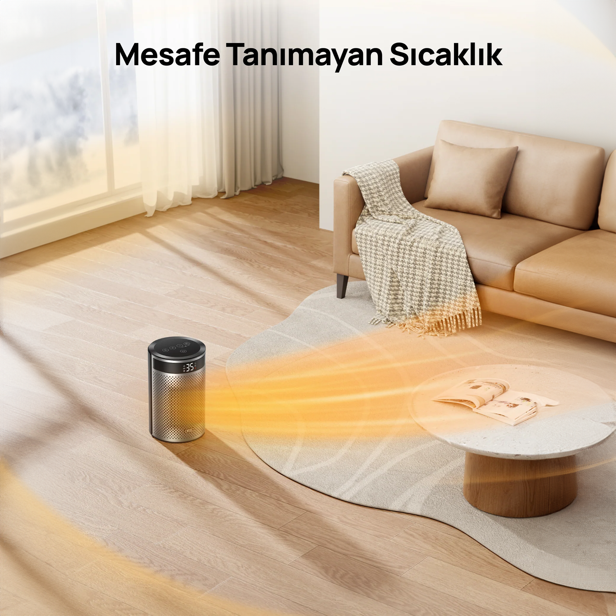 Modern bir salonda ısıtıcı halı ve koltuğu ısıtıyor. Sıcak hava dışarı akıyor.
