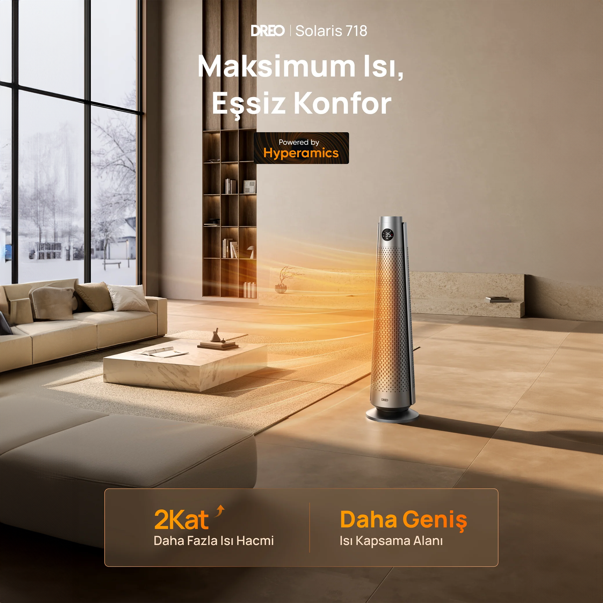 Büyük pencereli şık bir oturma odasında modern bir ısıtıcı.