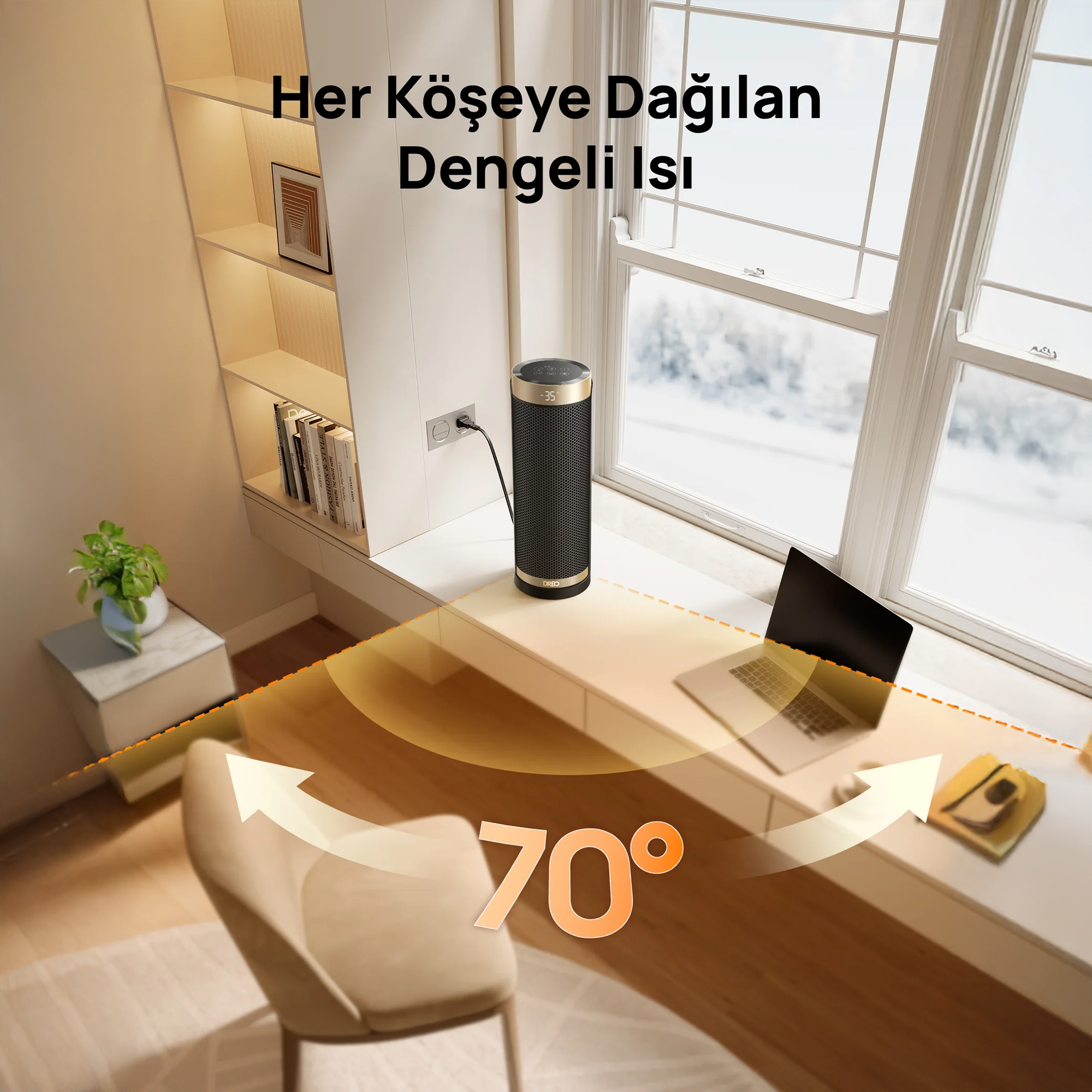 Isıtıcı, dizüstü bilgisayar ve pencerenin bulunduğu bir masanın etrafına ısı yayar.