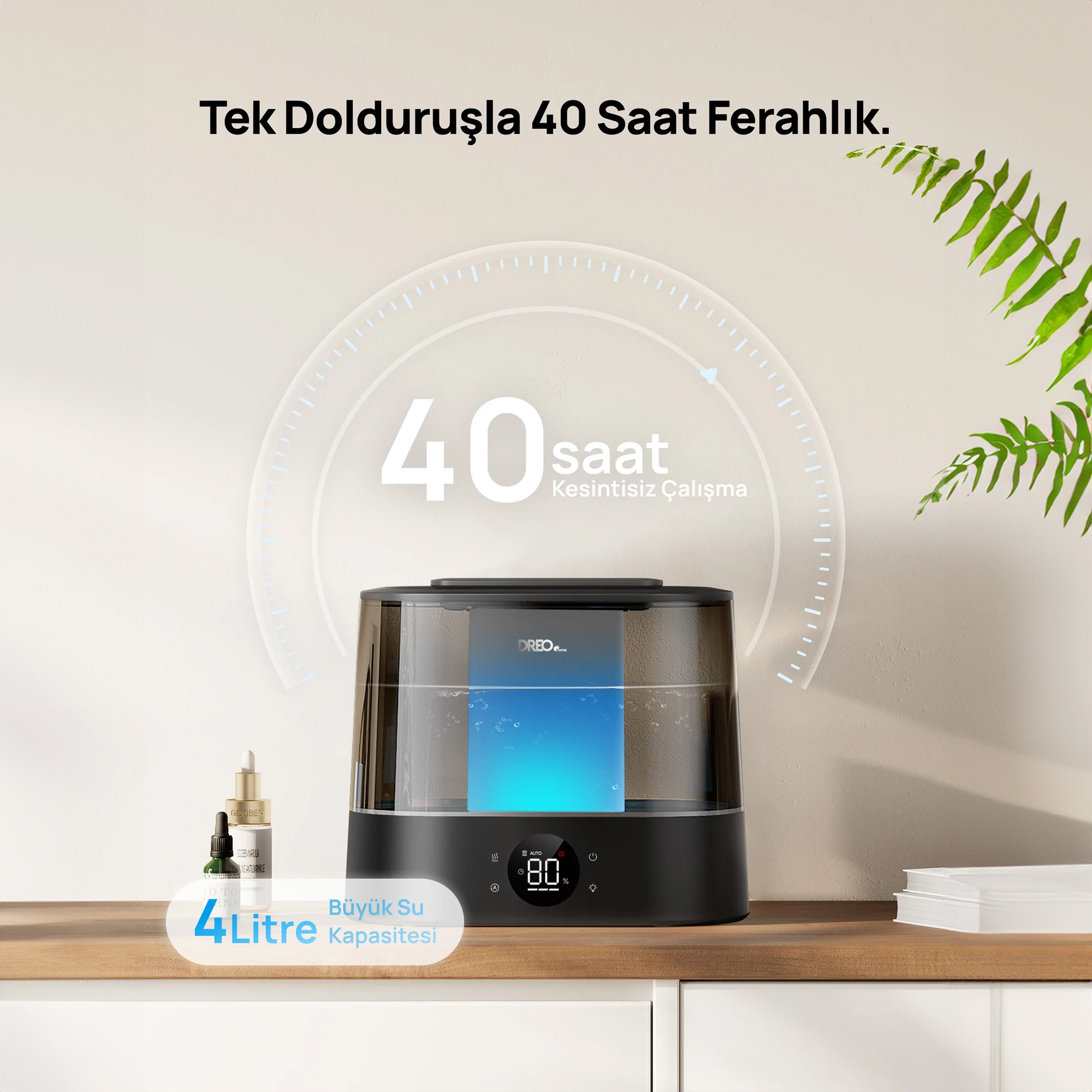 4L kapasiteli, 40 saat çalışan büyük nemlendirici.