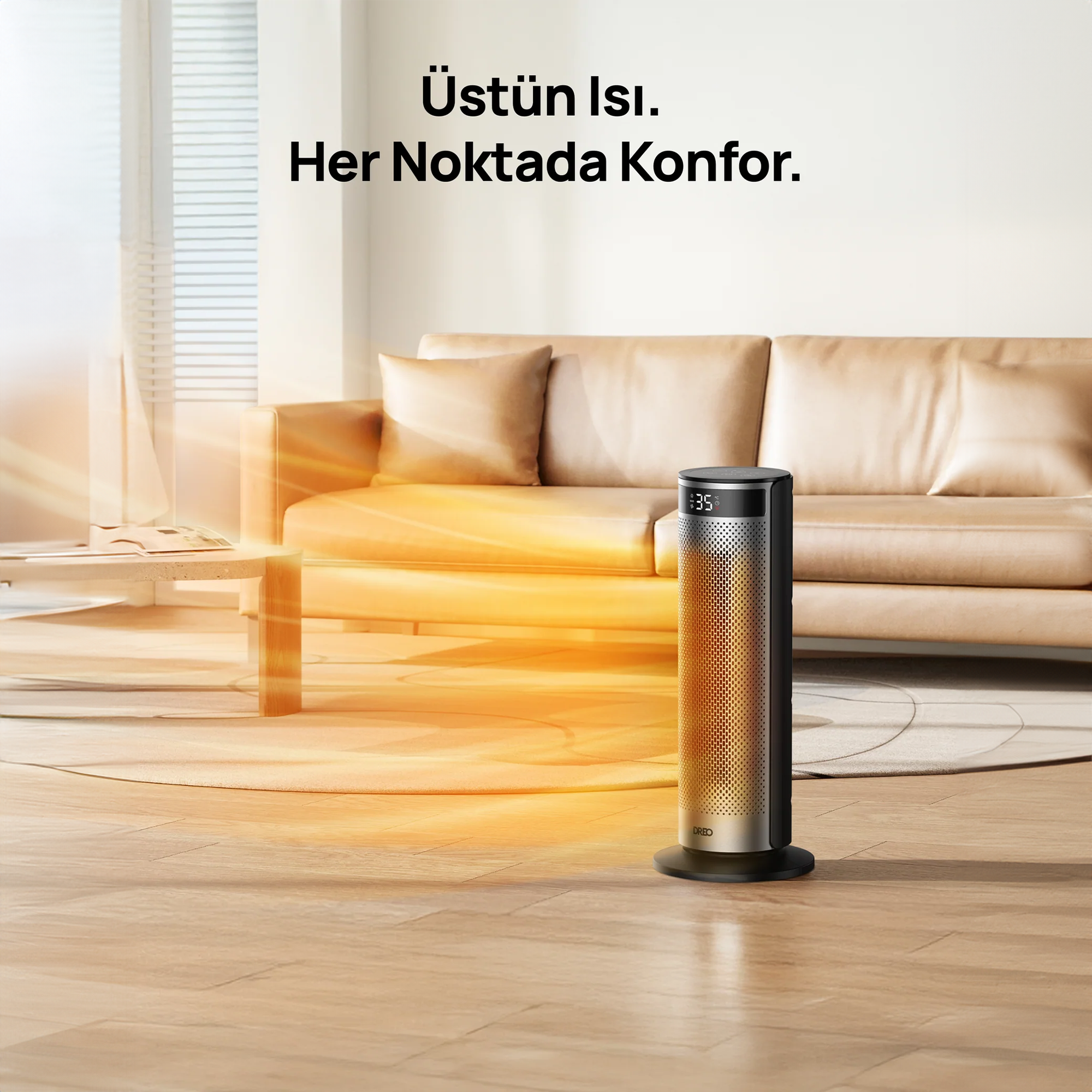 Isıtıcı, deri koltuklu ve sehpali oturma odasını ısıtıyor.