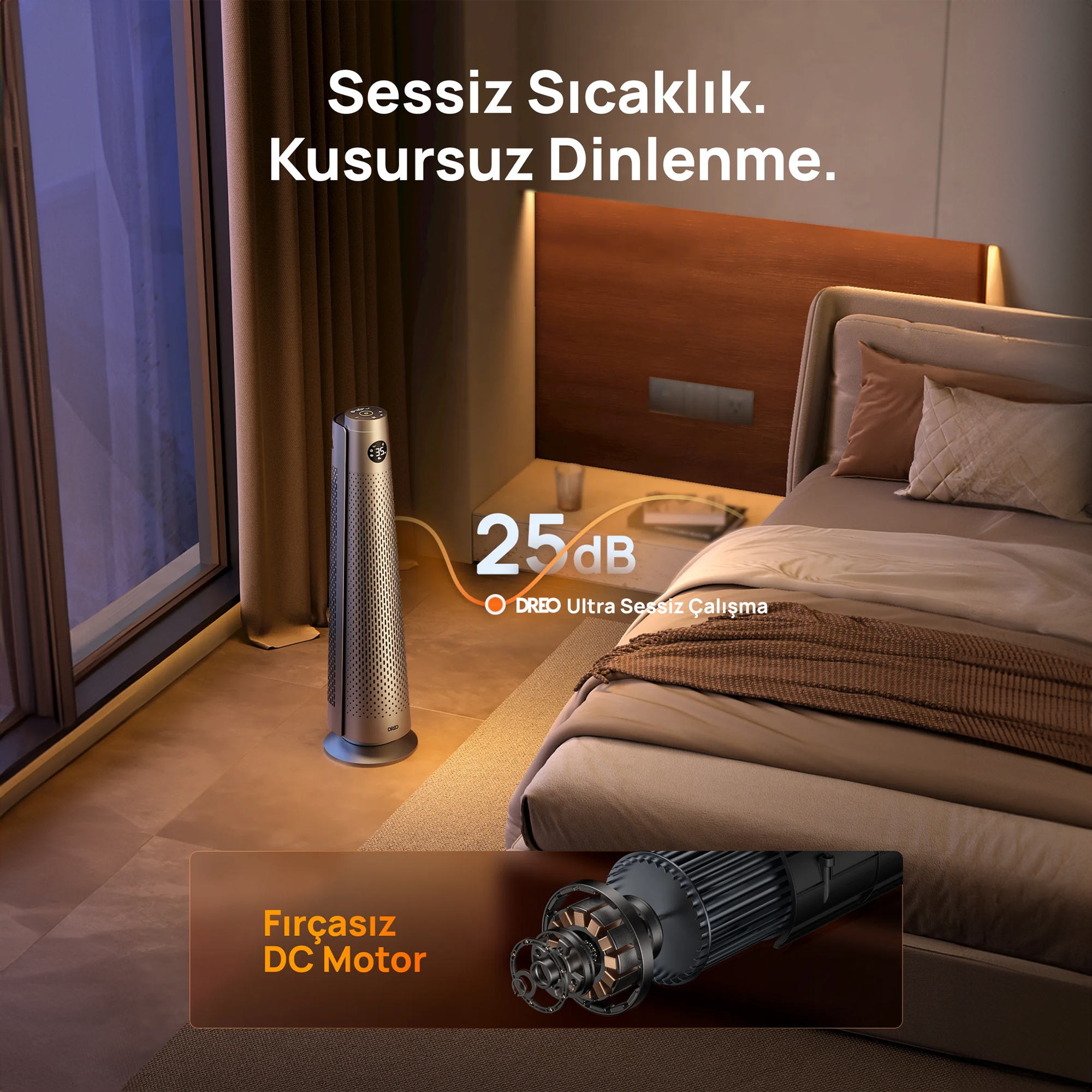 Şık gümüş kule tipi vantilatör yatağın yanında duruyor. 25 dB gösteriyor.