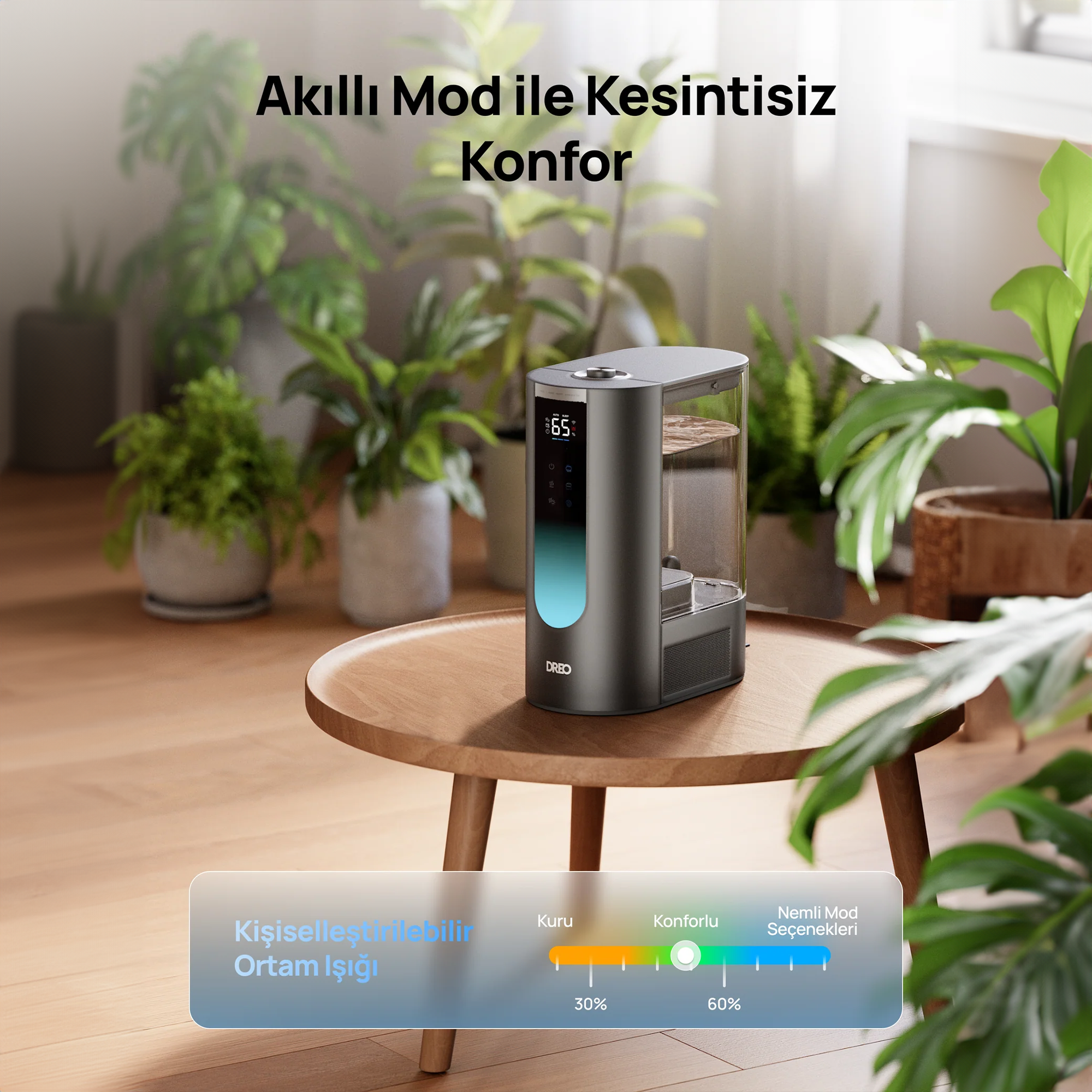 Ahşap masa üzerinde bitkilerle çevrili nemlendirici. Ekranda %65 gösteriliyor.