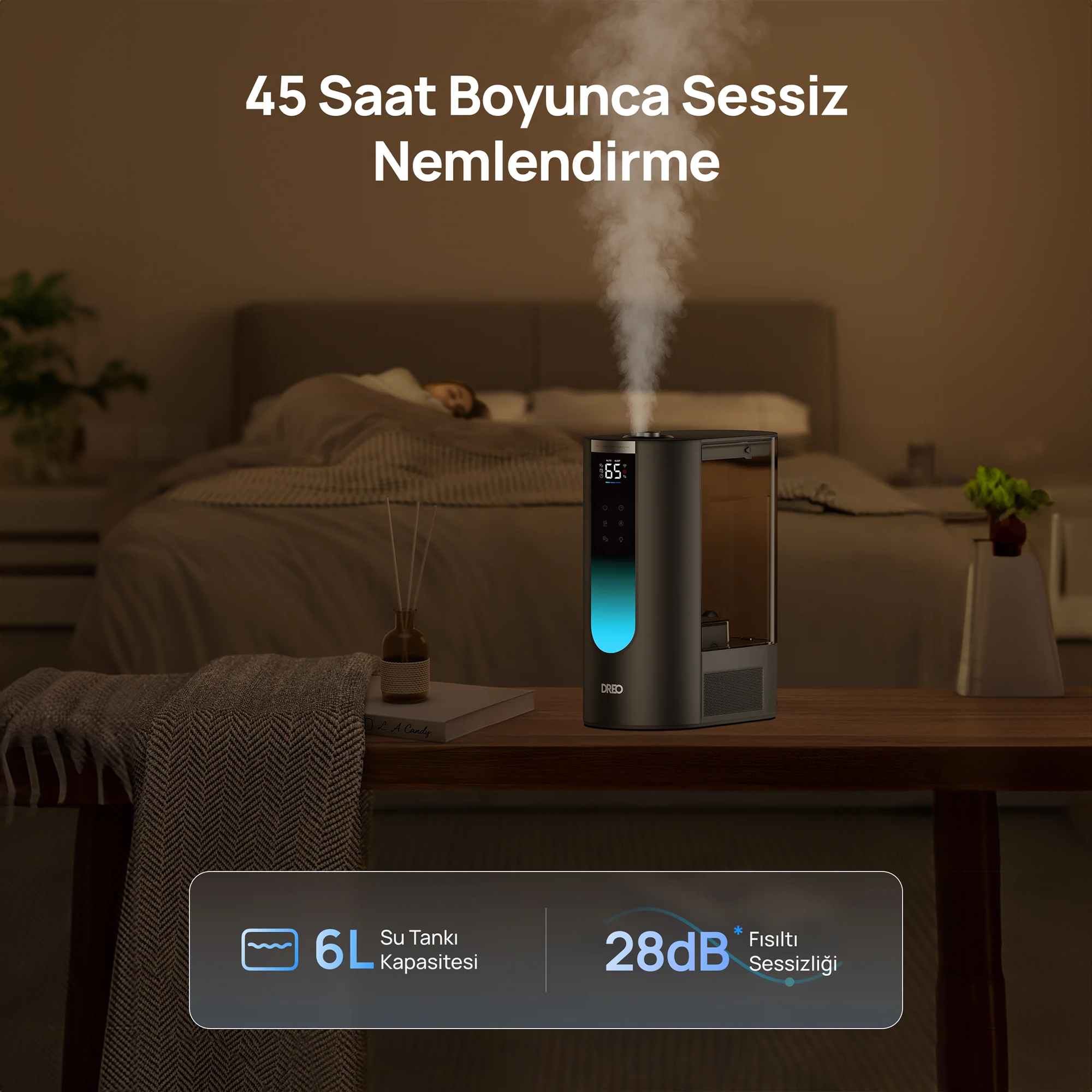 Yatak odasında bir nemlendirici buğu yayıyor. Arka planda yatak görünüyor.
