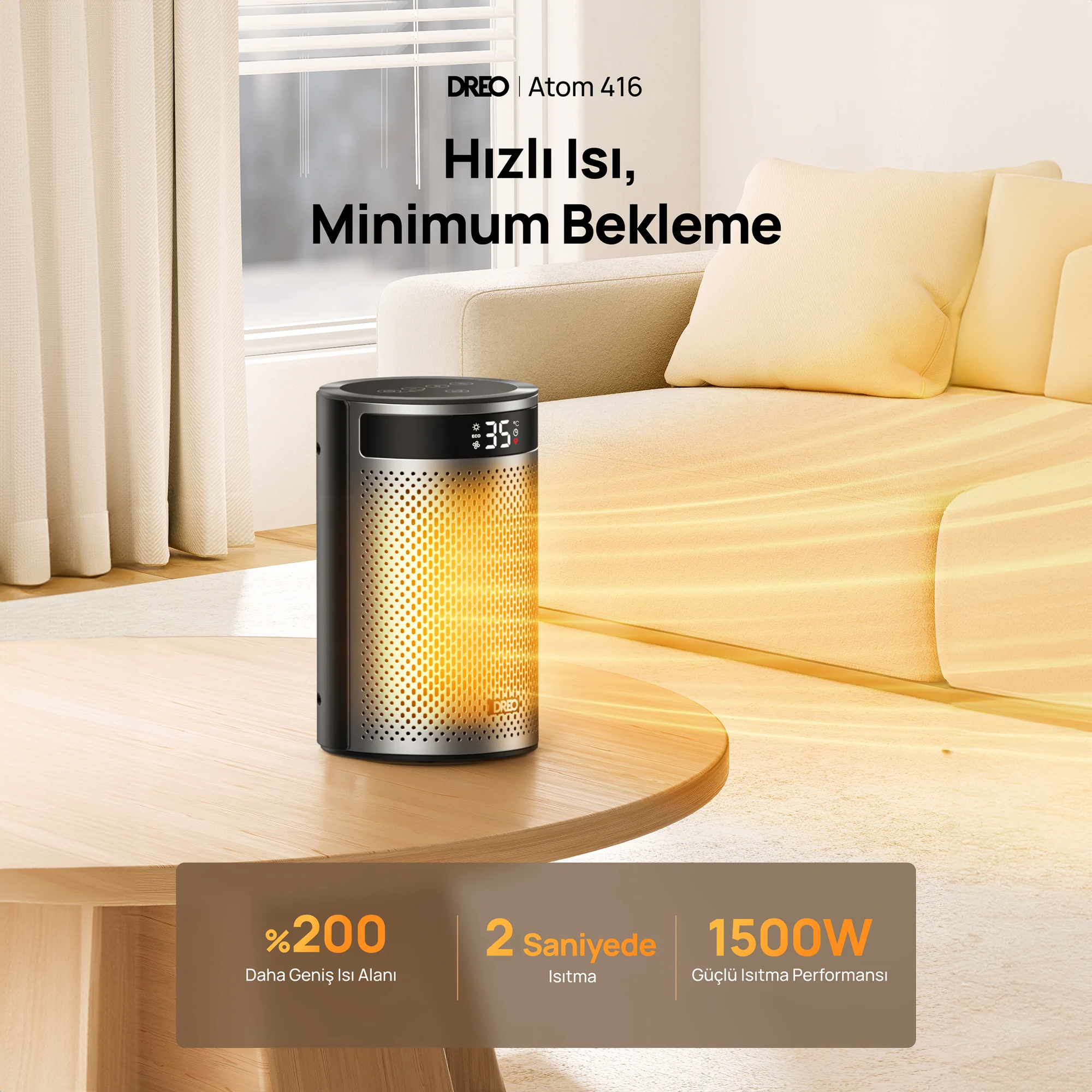 Bir ısıtıcı, kanepenin önündeki masada duruyor. 35C gösteriyor ve 1500W.