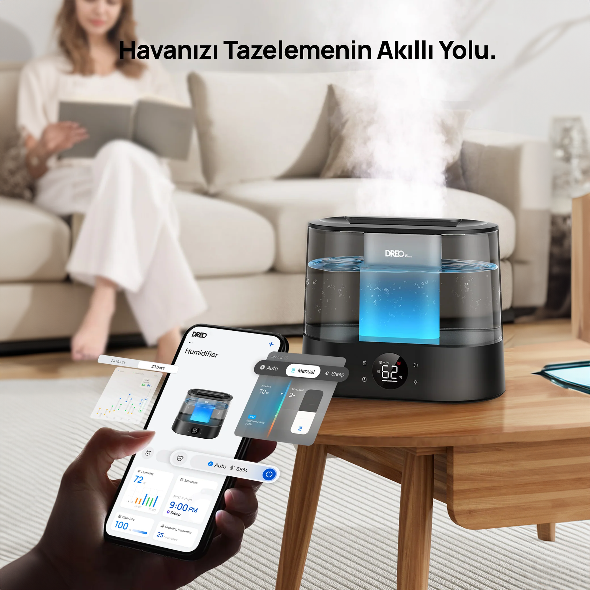 Mavi su ve buğulu bir nemlendirici, akıllı telefon uygulamasıyla kontrol ediliyor.